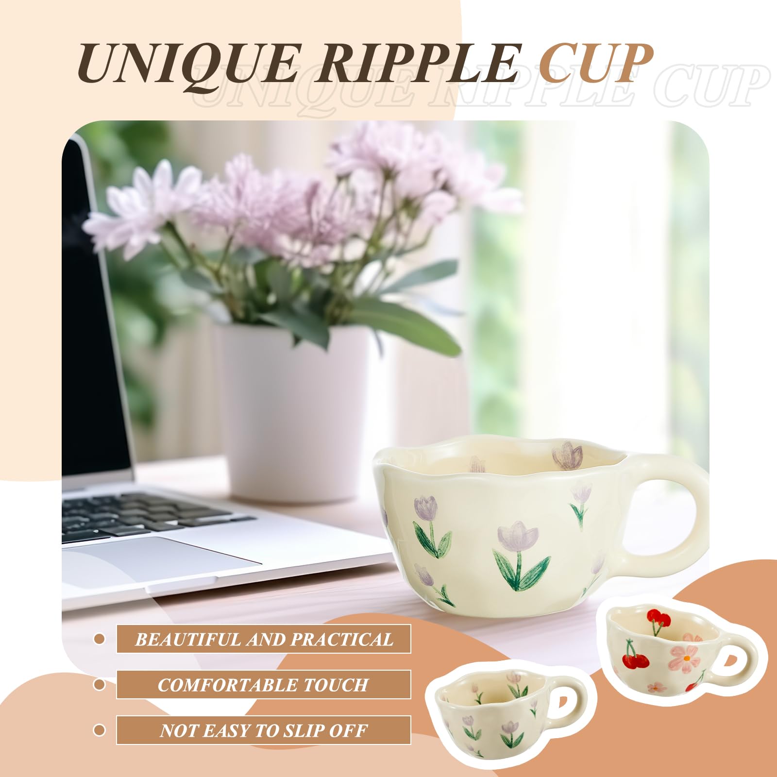 Vesici 2 Pcs Ceramic Coffee Mug Creative Flower Cup Floral Mug with Handles 8.5 oz Cute Aesthetic Tea Porcelain Mug for Office H