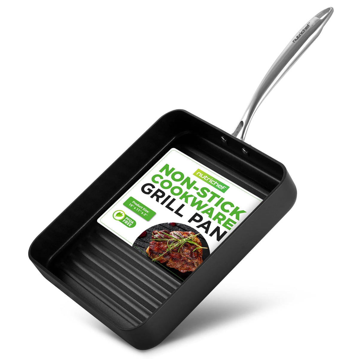Nutrichef 11'' Square Grill Pan Non Stick - High Ridges, Hard-Anodized, Stove Top Griddle, Strong Handles, Dishwasher Safe
