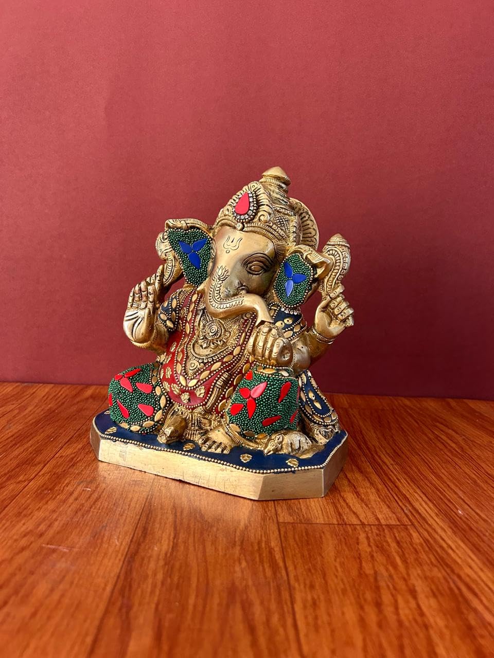 Mridaya Brass Ganesha Statue With Mosaic Stonework, 20 Cm Brass Ganesh Statue, Ganpati Idol, Good Luck Gift For New Beginnings,