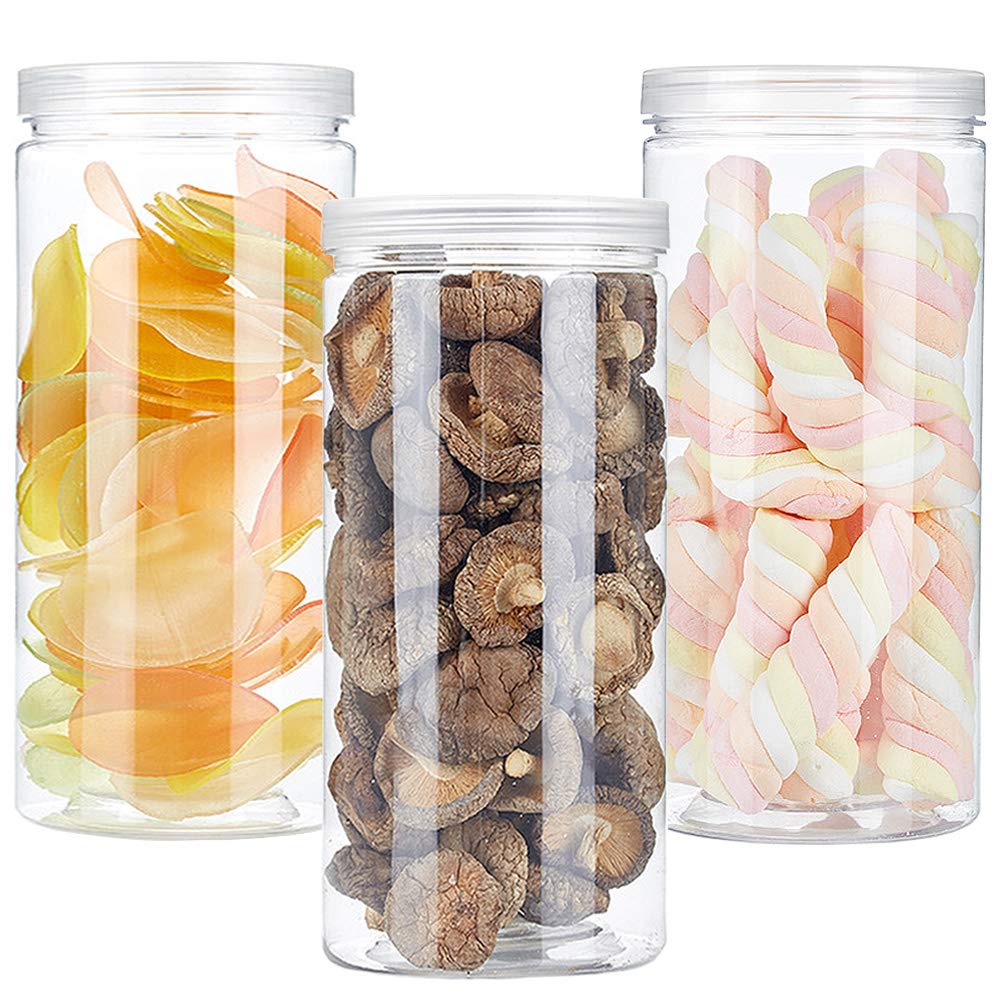 3 Pcs 46Oz/1360Ml Clear Plastic Round Storage Jars,Empty Plastic Jars With Lids,Clear Plastic Storage Jars With Screw On Lids Fo