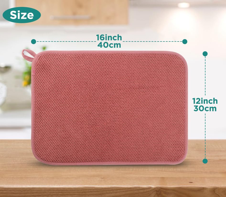 Geeric Microfiber Dish Drying Mat, Super Absorbent Kitchen Dish Drying Pad, Reversible For Countertop, 12*16 Inch Red