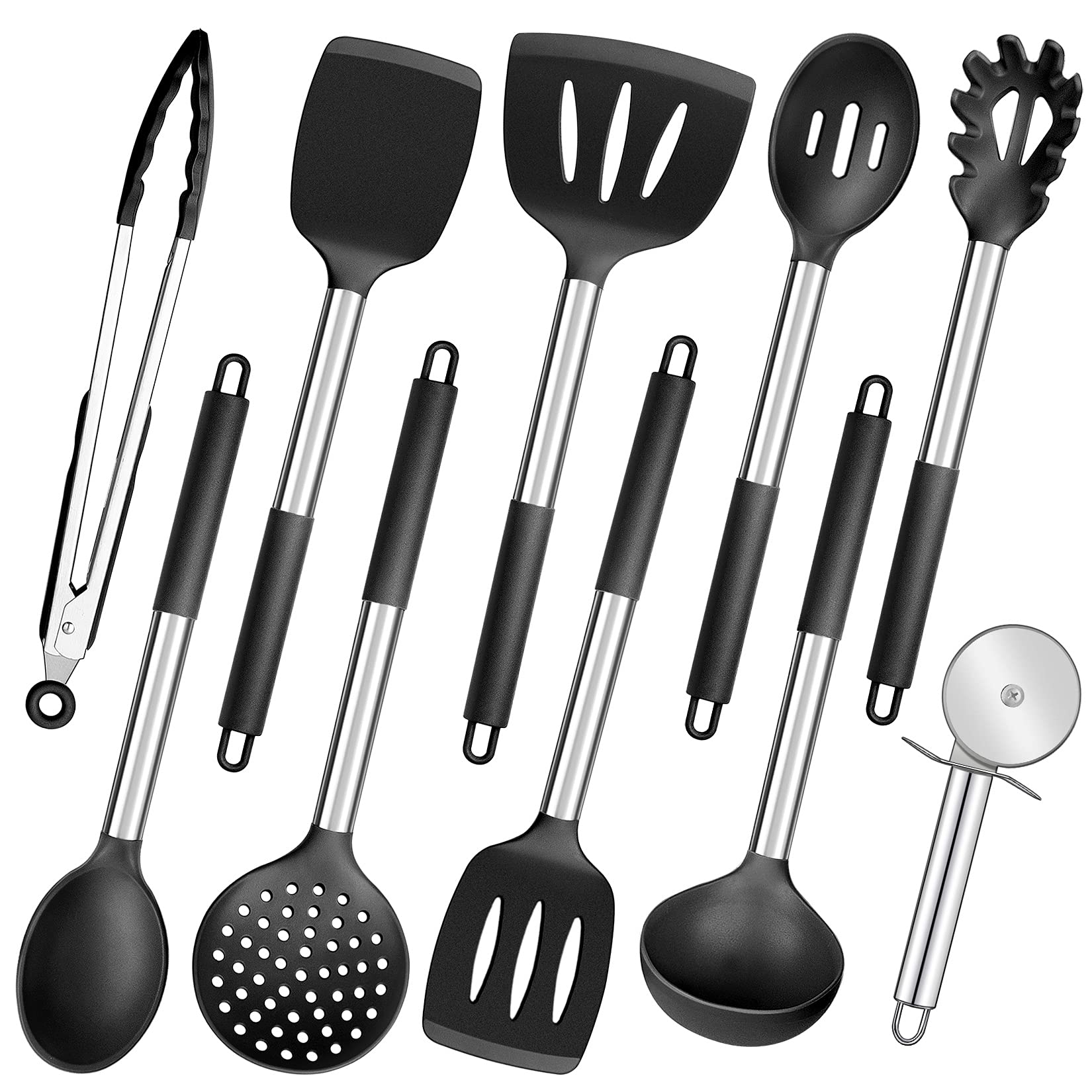 Black Kitchen Utensils Set Of 10, P&P Chef Heat-Resistant Silicone Cooking Utensil With Stainless Steel Handle, Include Turner,S