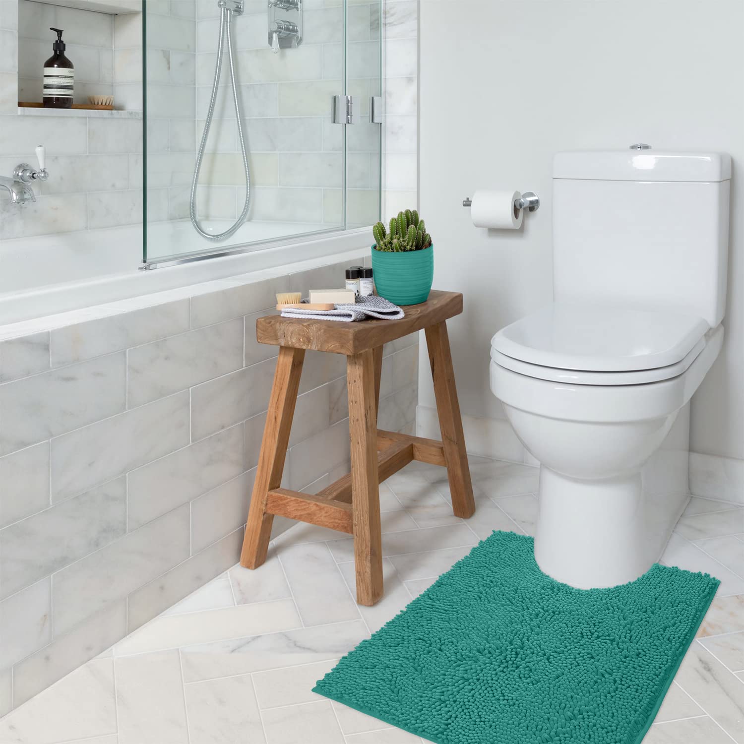 Luxurious 2-Piece Bathroom Rug Set In Turquoise: Chenille Bath Mat + U-Shaped Toilet Mat, Plush Anti-Slip Design, Microfiber Sha