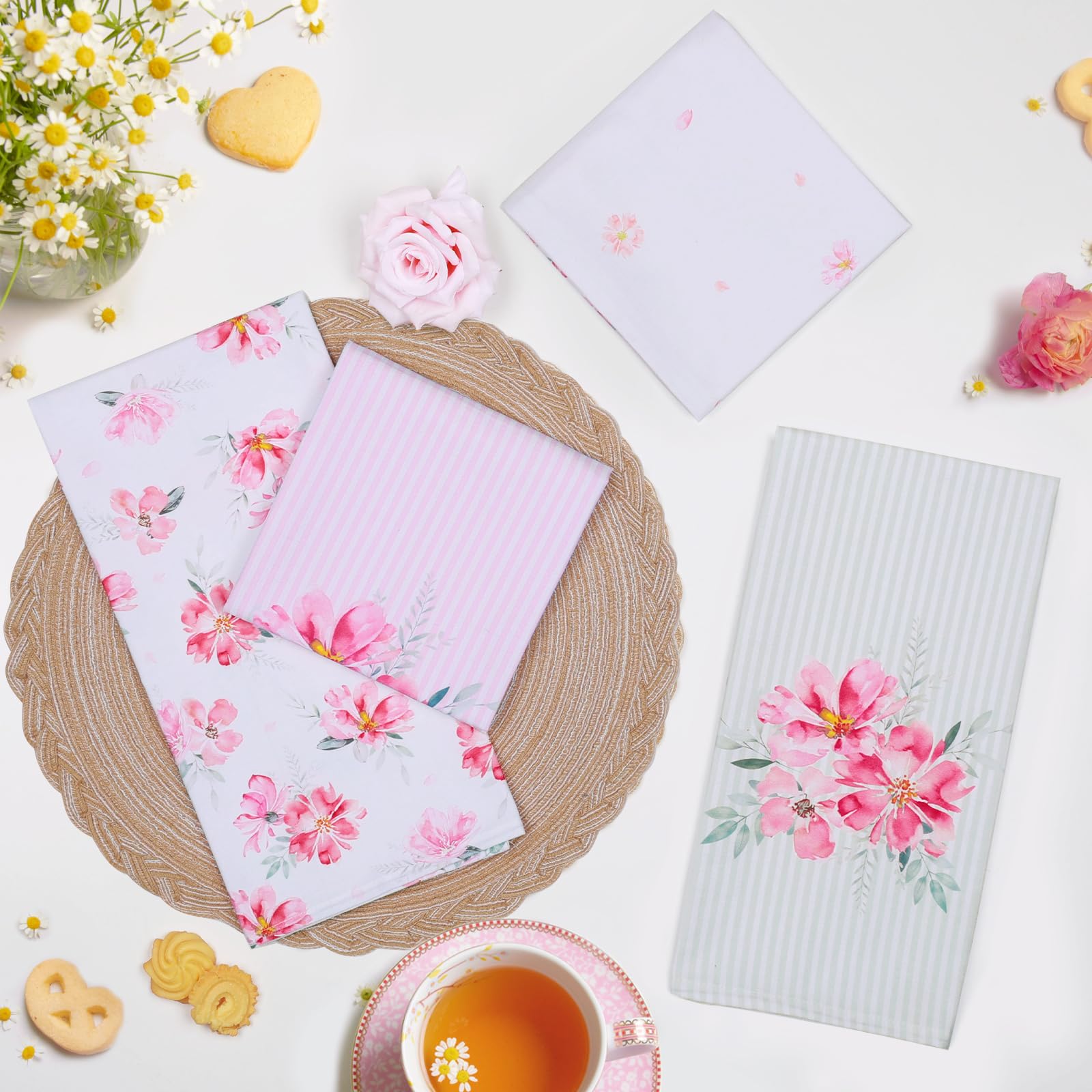 Arquiel Pink Flower Kitchen Towel 100% Cotton Quick Dry Dish Towels 20 X 27.5Inch, Dishcloth Hand Towels For Housewarming Gifts