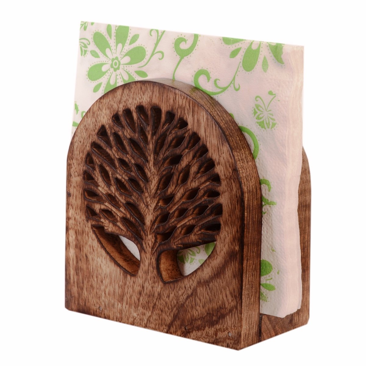 Purpledip Wooden Tissues Holder Napkin Organizer 'Tree Of Life' ; Kitchen Dining Accessory (11068)
