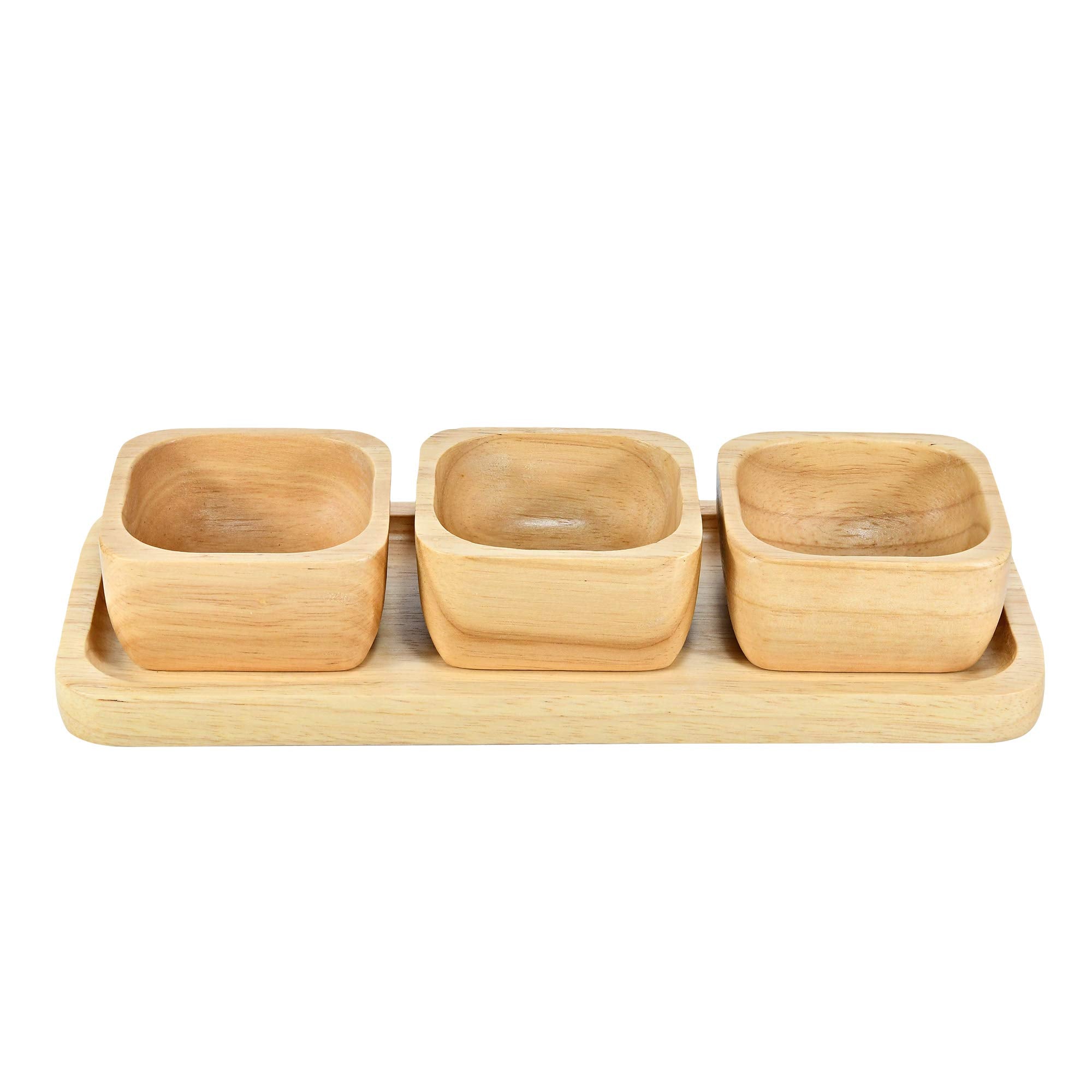 Aeravida Functional Kitchen D  Cor Snack Plate With Three Square Bowl Natural Brown Rubber Tree Wood Set | Wooden Square Bowls F