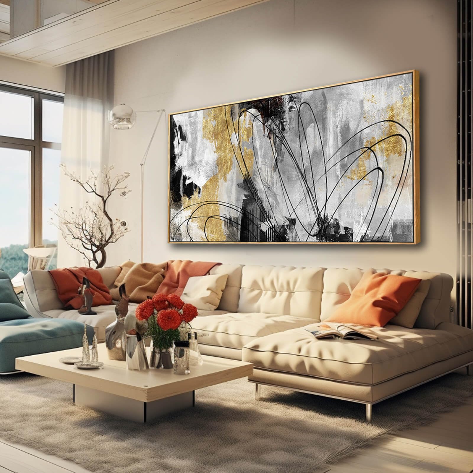Large Canvas Wall Art Gold Abstract Paintings 29X58 Inch Wooden Framed Artwork Black Line Painting For Bedroom Bathroom Home Dec