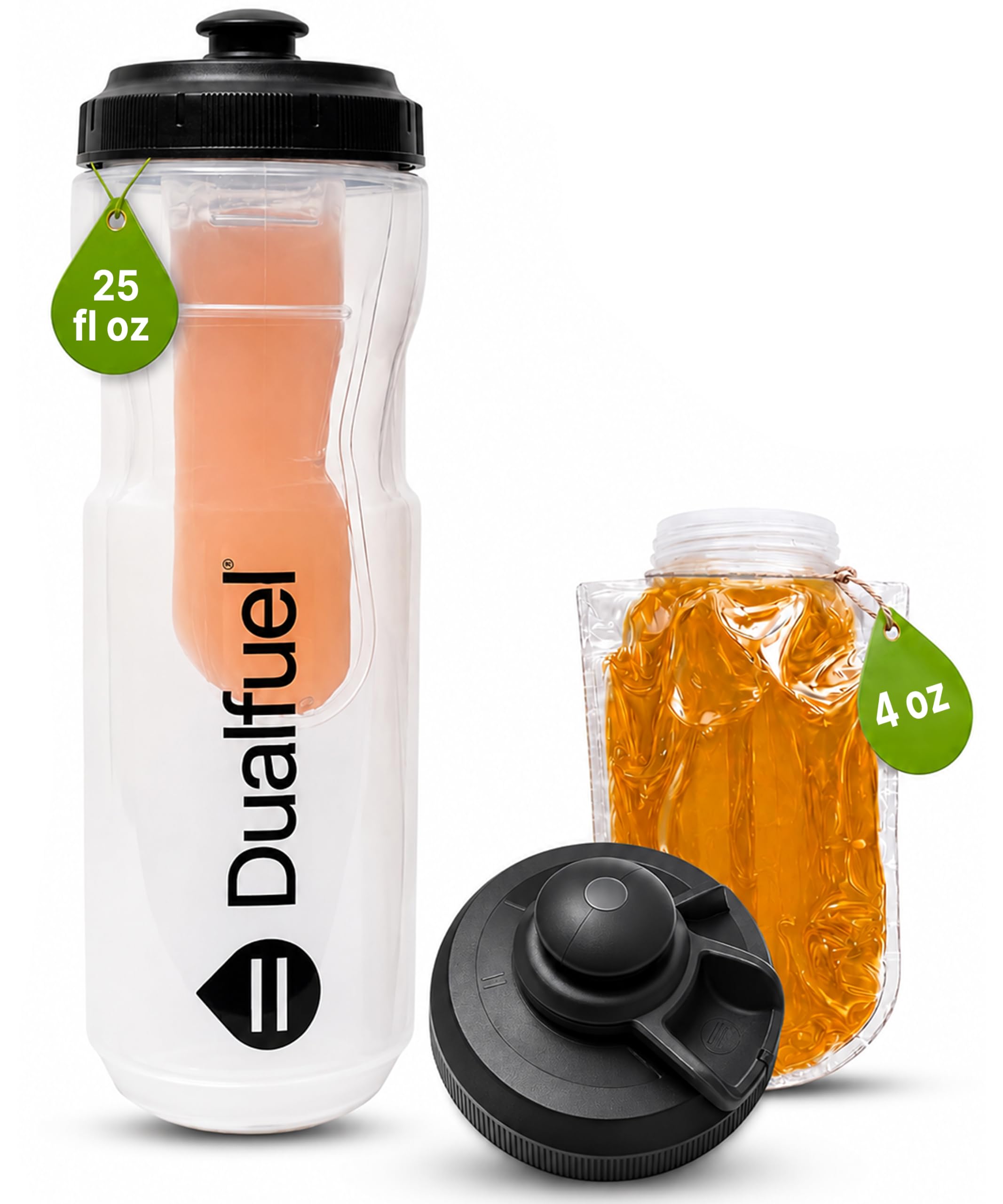 Dual Fuel 25oz Sports Bottle, Squeeze Water Bottle with Gel Storage
