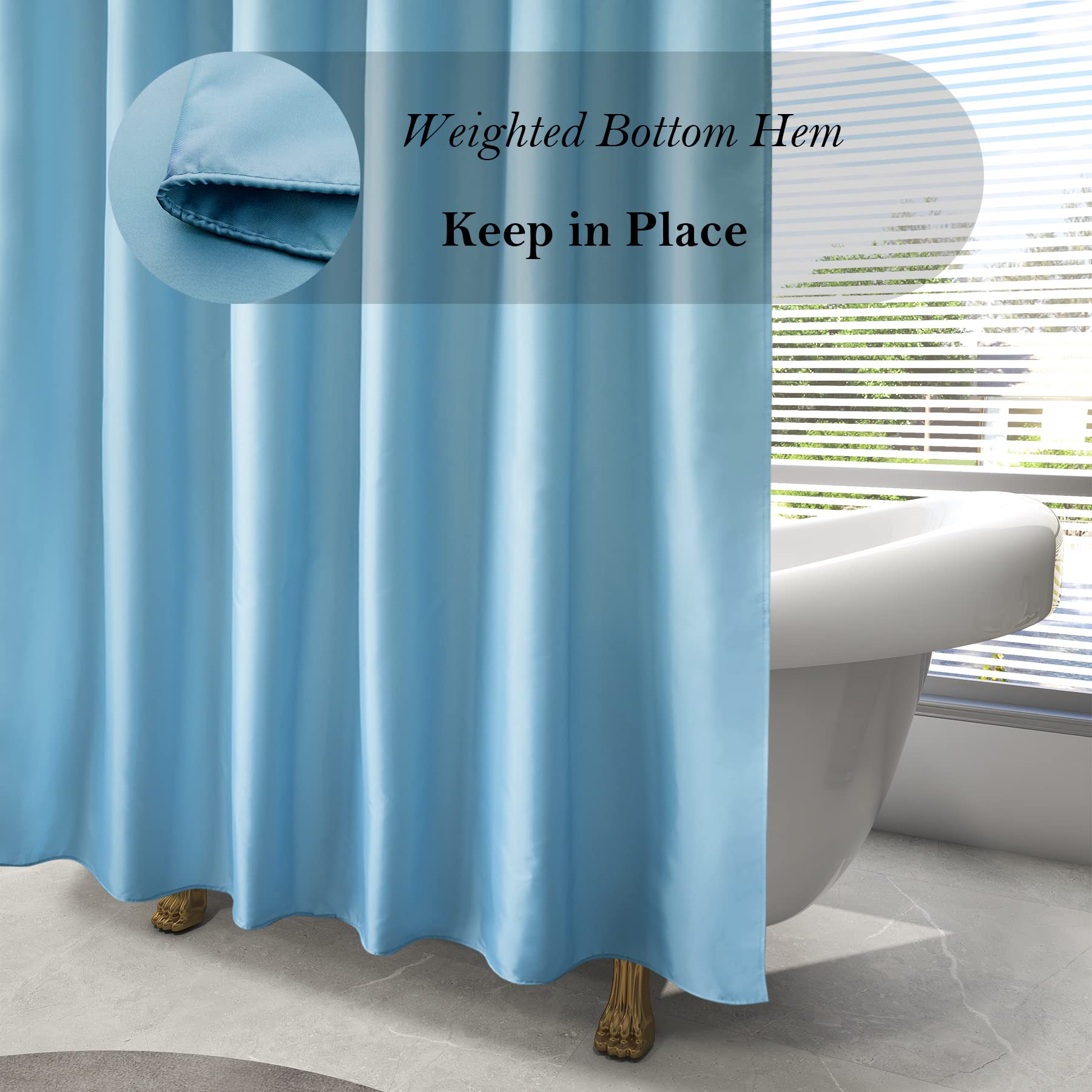 Aoohome Extra Long Shower Liner, Fabric Bathroom Curtain With Hooks For Hotel, Weigthed Hem, Waterproof, 72 X 84 Inch, Blue