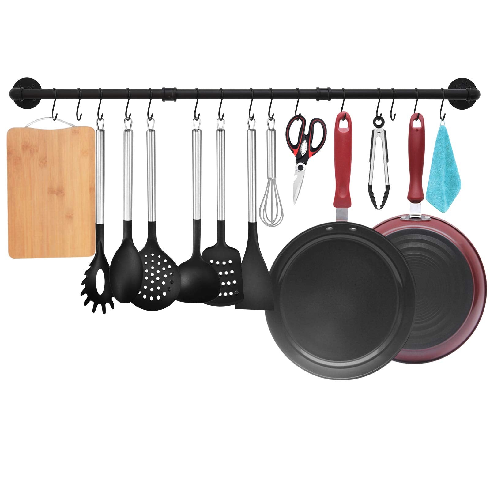 Tlbtek 50 Inch Black Pipe Pot Bar Rack Wall Mounted Detachable Pans Hanging Rail Kitchen Lids Utensils Hanger Holders With 15 S