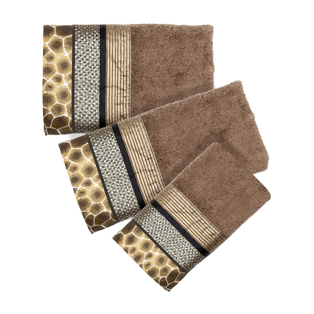 Popular Bath Safari Stripes Towel Set 3 Pieces Chocolate, Size 24''X 44'', Hand Towel Measures 16''X 27'', Wash Towel Measures,