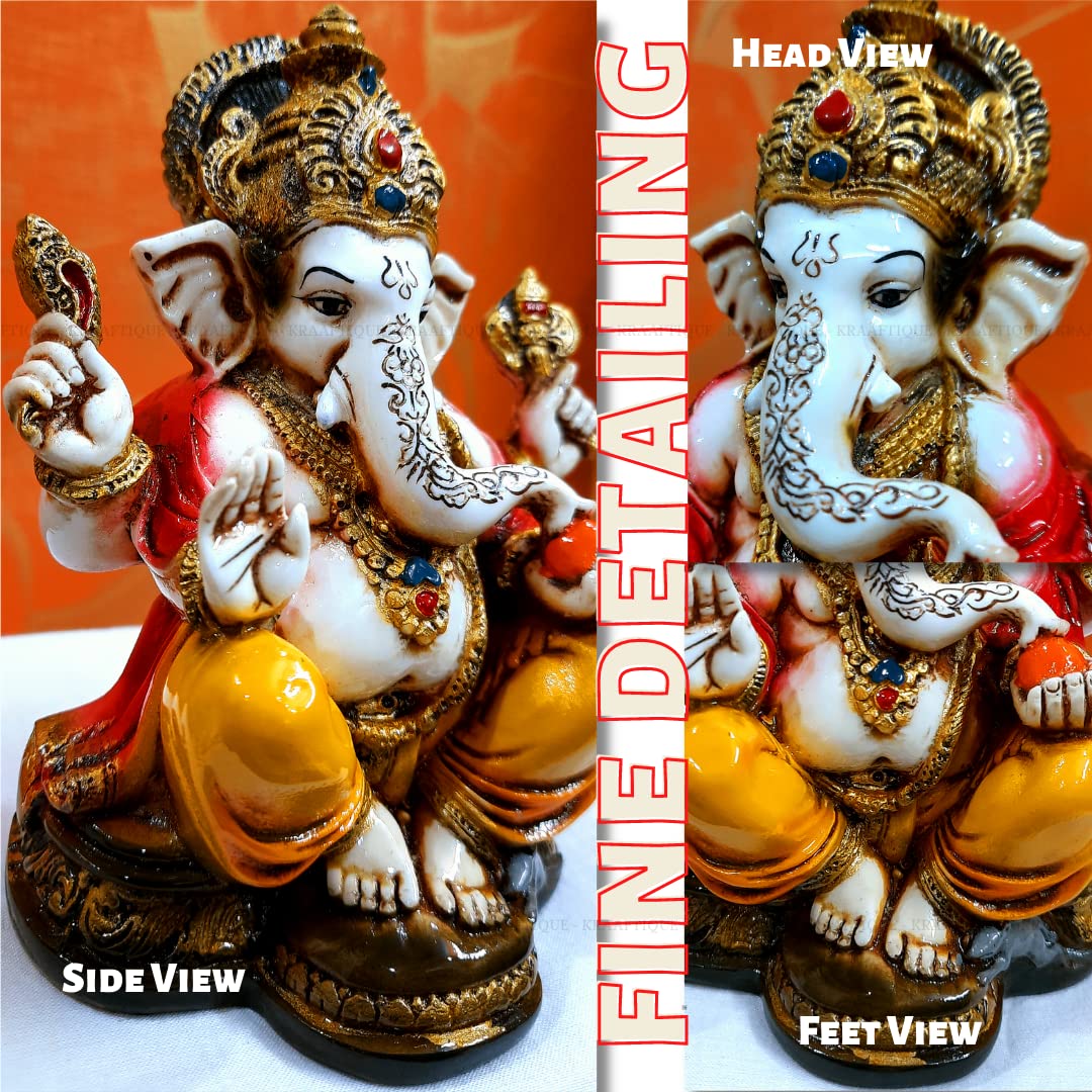 Kraaftique Marble Lord Ganesha Idol With Golden Mukut Ganesh Ji Murti Ganesh Showpiece For Home Decor,Study Table,Office Ganesha