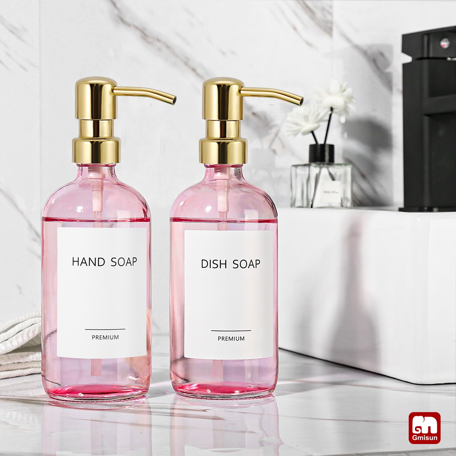 Gmisun Pink Soap Dispenser Bathroom, 2 Pack Kitchen Hand And Dish Soap Dispenser Set, 16 Oz Pink Glass Soap Dispenser With Gold