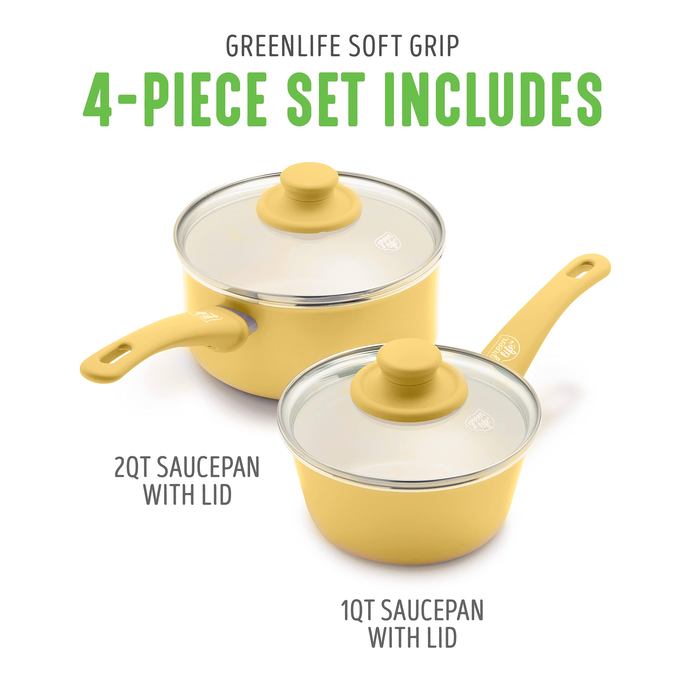 Greenlife Soft Grip Healthy Ceramic Nonstick, 1Qt And 2Qt Saucepan Pot Set With Lids, Pfas-Free, Dishwasher Safe, Yellow
