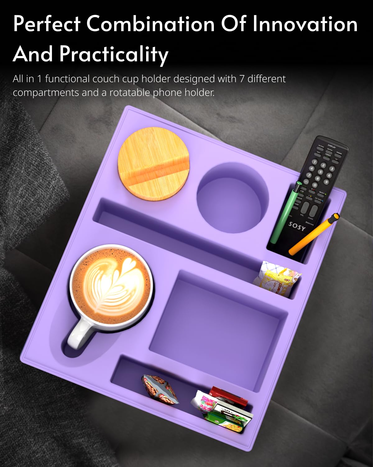 Couch Cup Holder Tray - Couch Organizer Caddy, Silicone Beach Caddy With Cup Holder, Sofa And Bed Drink Holder And Couch Tray Ta