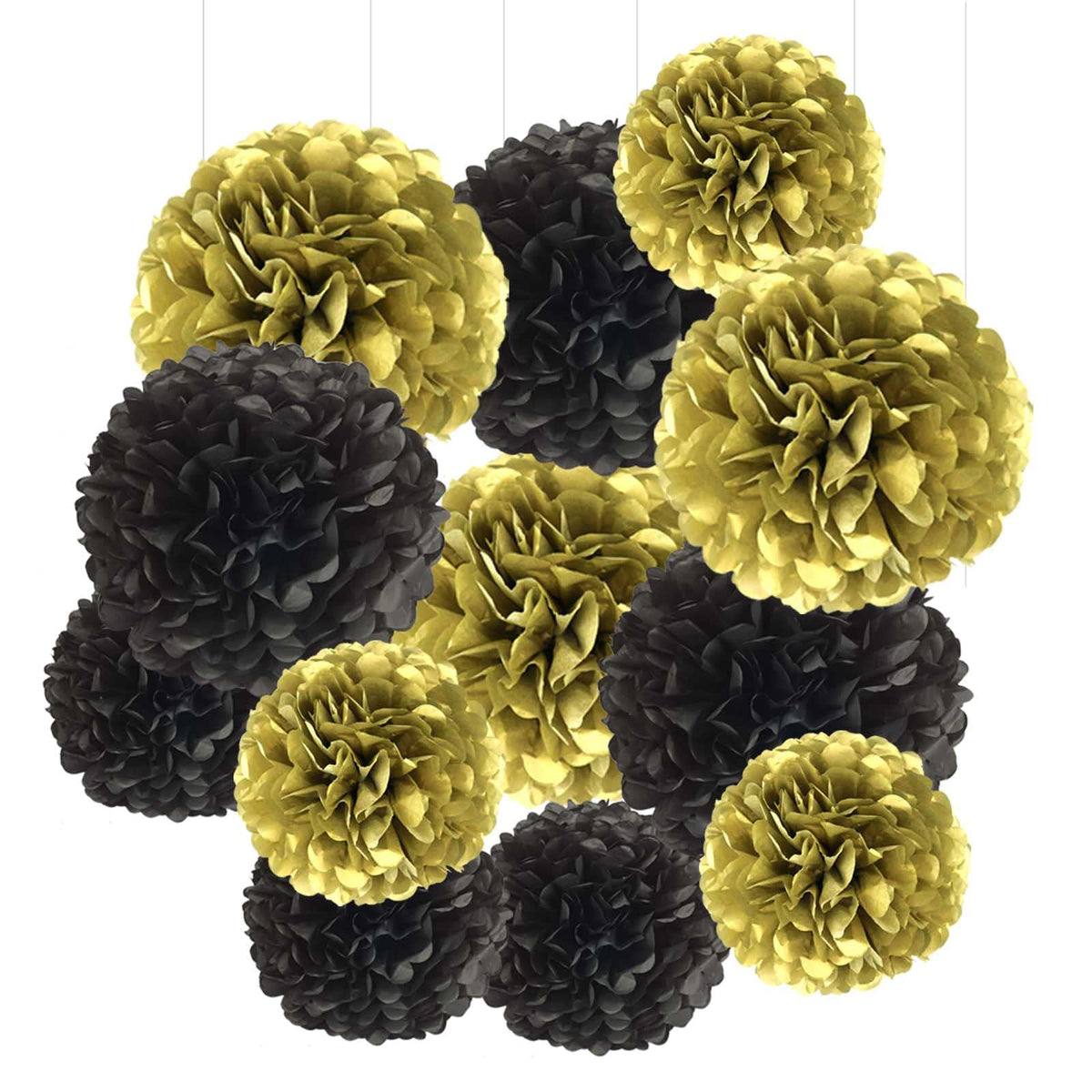 Black And Gold Tissue Paper Pom Poms,Hanging Paper Pompoms Flower Ball Wedding Birthday Party Decoration (6Pcs 12In Pom Pom,6Pcs