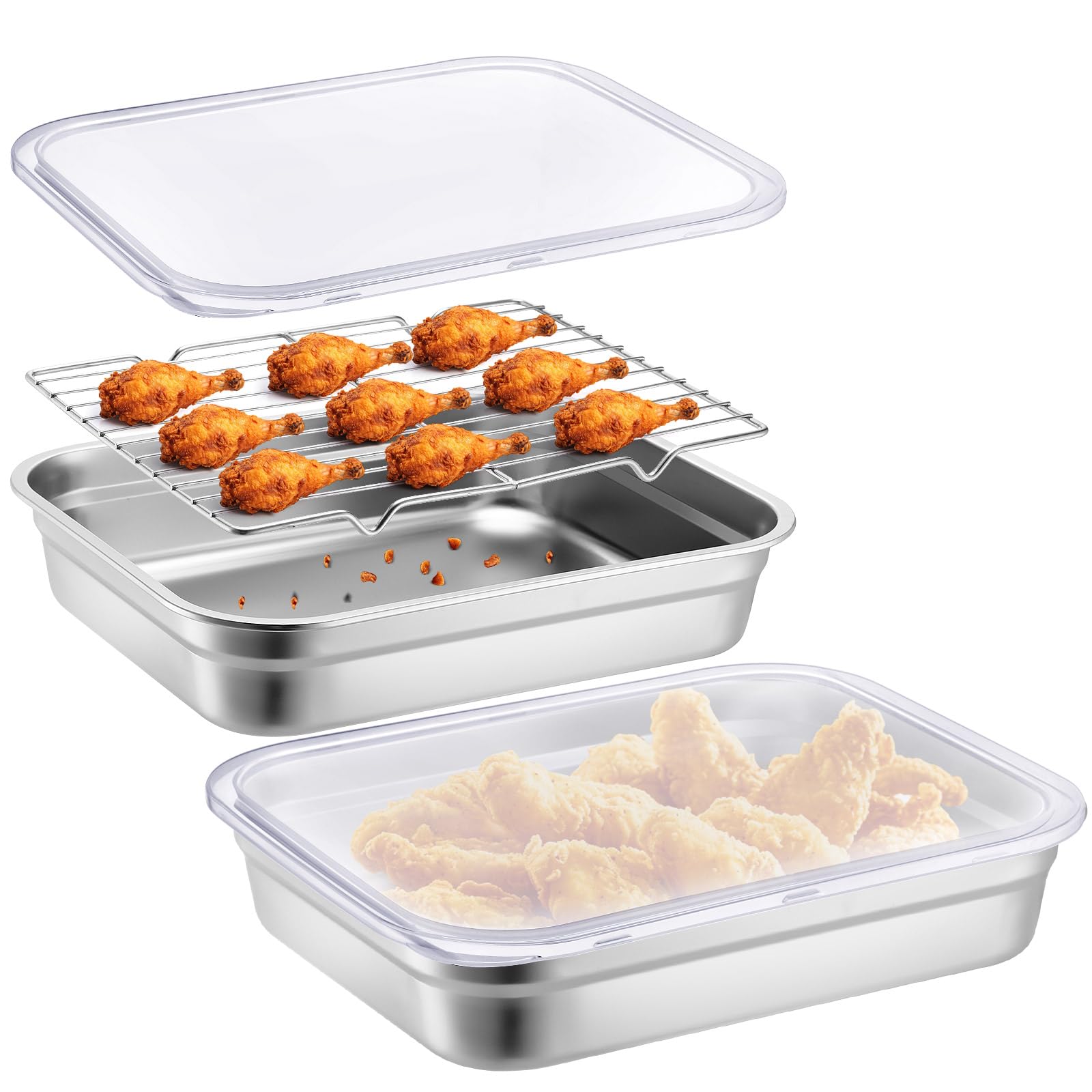 Teenyyou Stainless Steel Food Prep Container with Clear Lid and Rack Half Size Hotel Pans Steel Tray with Lid Fruit Storage Cont