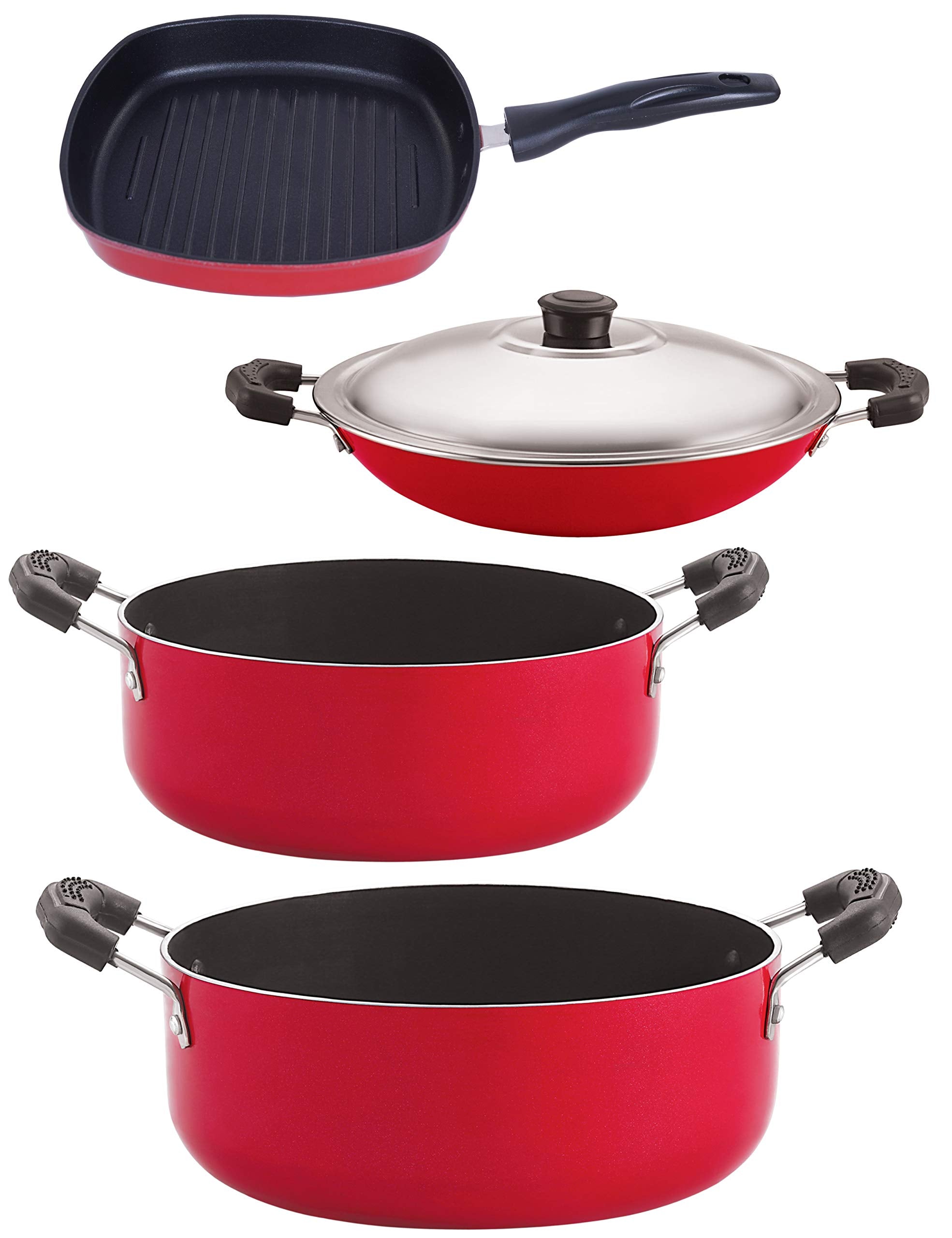 Nirlon NonStick Aluminium Cookware Set, 4Pieces With Bakelite Handle, Red (Ac_Cs22_Gp24.5_Cs24)