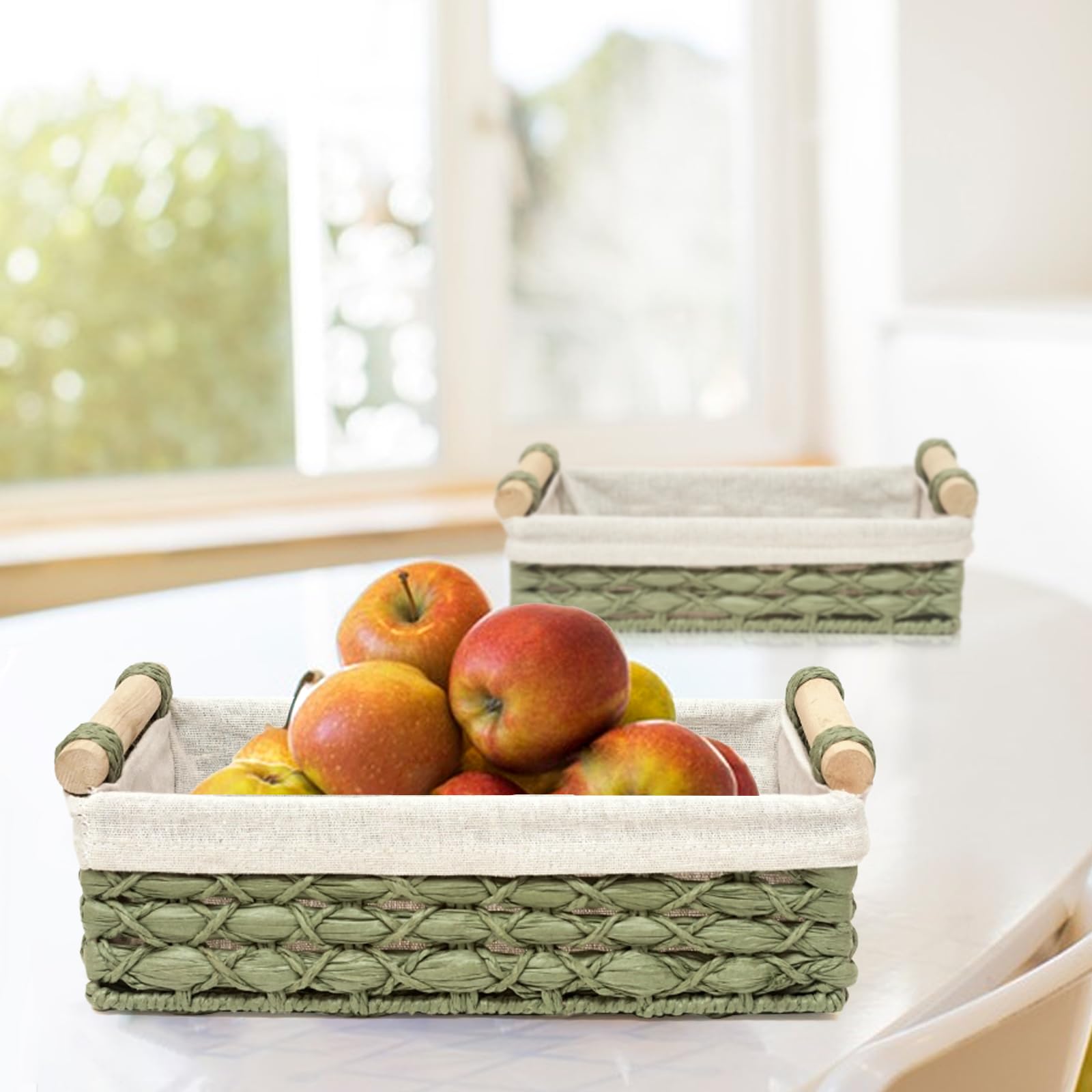 DUOER Storage Basket Wicker Baskets for Organizing with Handle Decorative Storage Bins for Countertop Toilet Paper Storage Basket for Toilet Tank Top Small Baskets Set (Set of 2 Green)