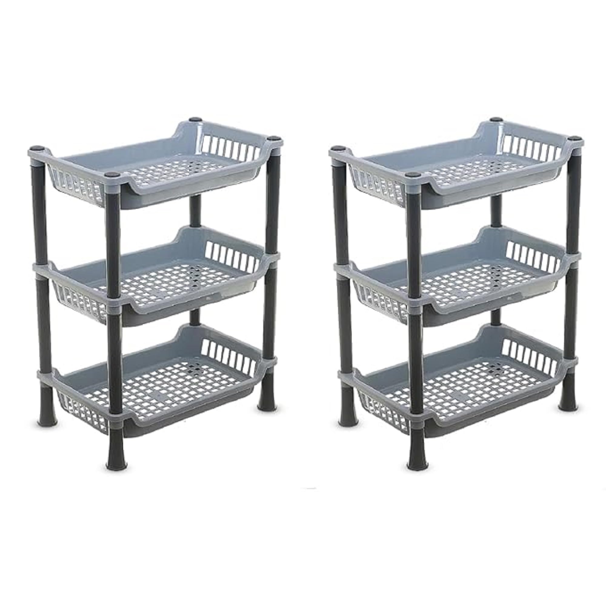 Dholaji 3 Tier Plastic Storage Rack for Kitchen Countertop, Grey Open Basket Organizer Stand