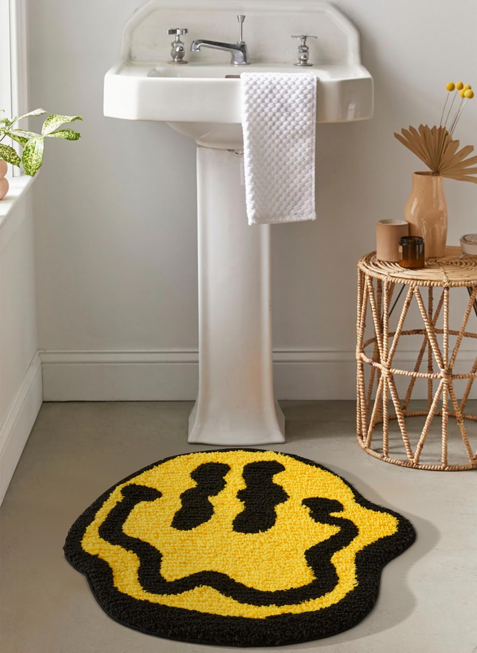 Estmy Trippy Happy Face 2Ft Round Bathroom Rugs Yellow/Black Non Slip Rubber Backed Washable, Groovy Aesthetic Abstract Hippie R