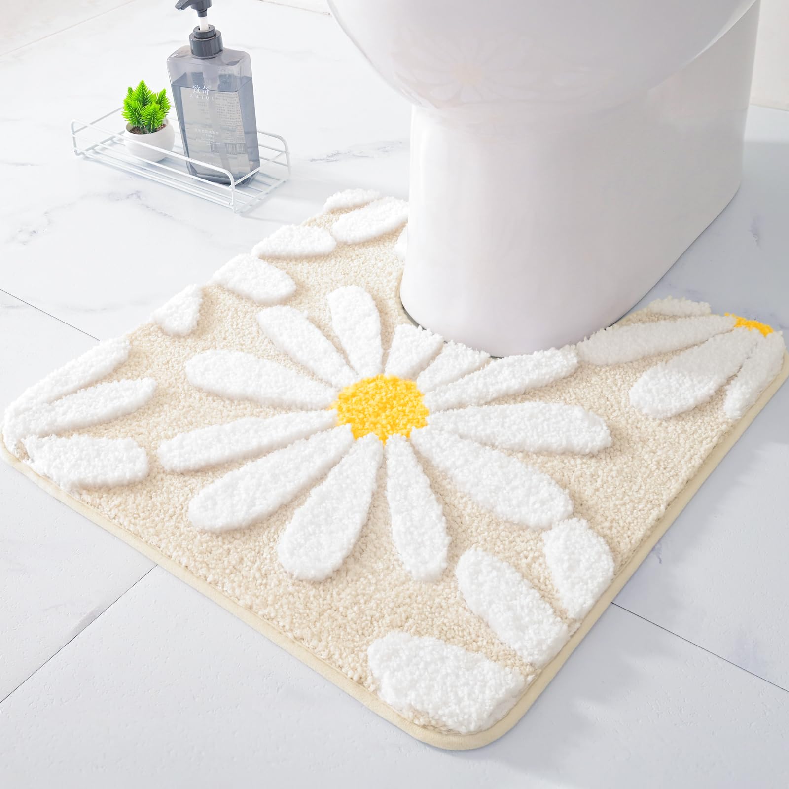 Qjhomo Toilet Rugs U Shaped, Beige Toilet Mat Cute Daisy Contour Bath Rug 20''X20'', Extra Thick Soft Machine Washable Toilet Ca