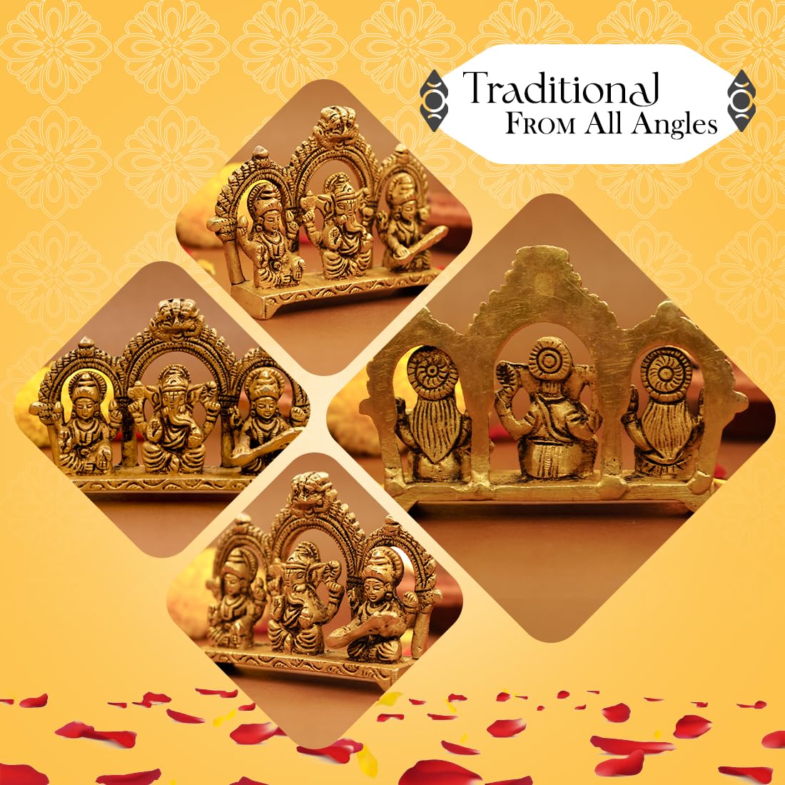 Ekhasa 100% Pure Brass Laxmi Ganesh Saraswati Murti (Size: 8.0 cm) | Lord Ganpati Lakshmi Saraswati Maa Idol for Diwali Puja | G