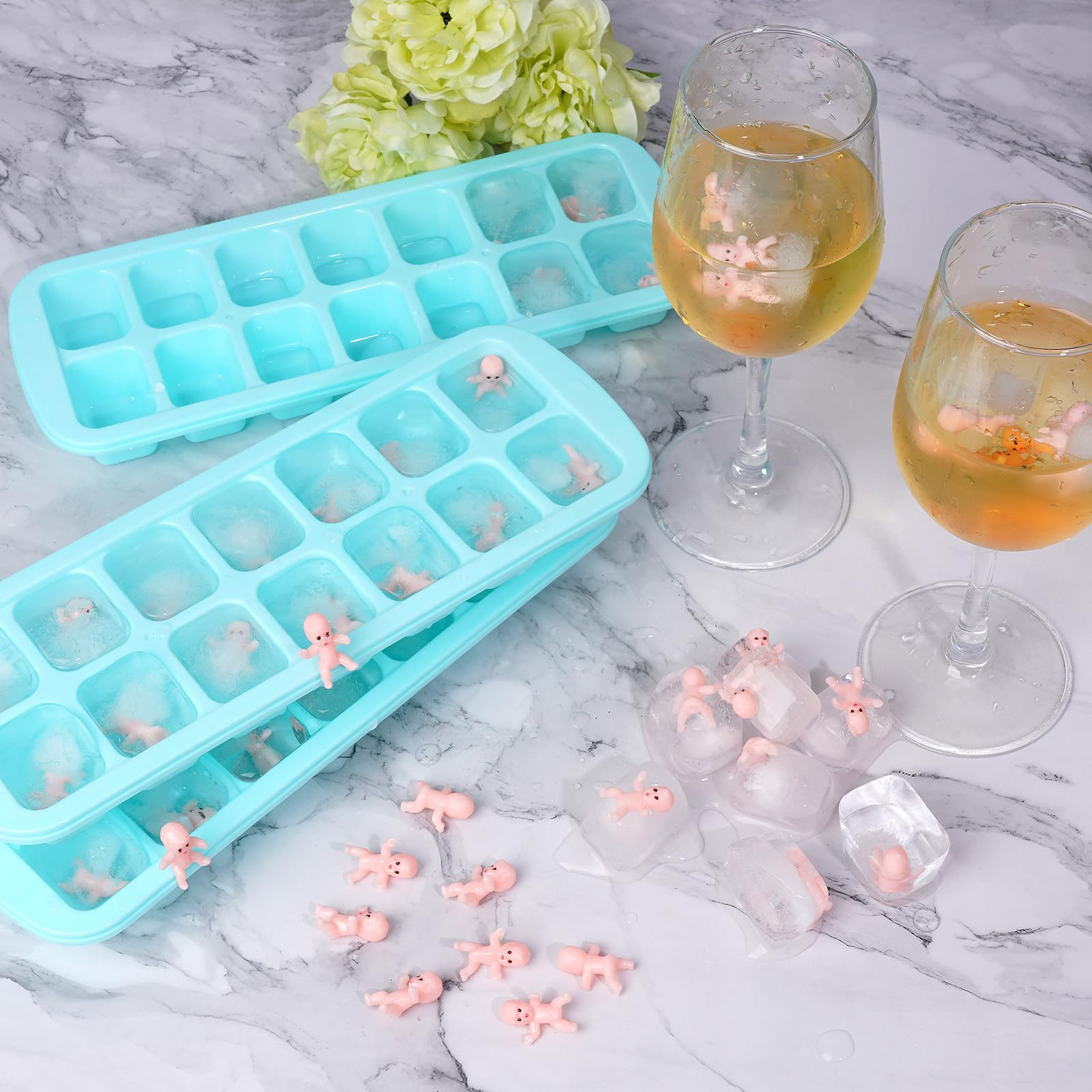 ZJJZGYXINTAI Baby Shower Game - 80 Mini Plastic Babies, 3 Ice Cube Trays, Sign - Green