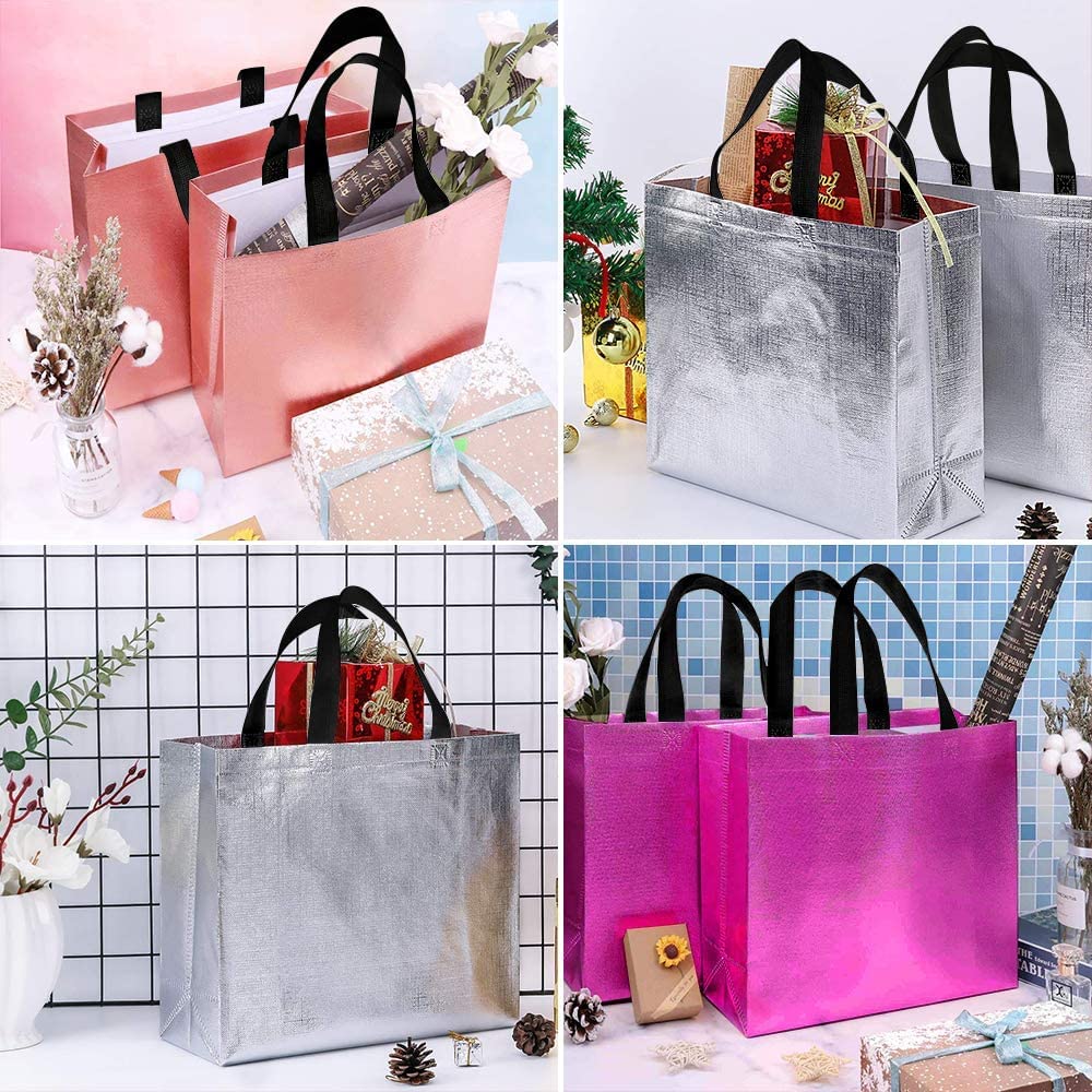 DRAPME Medium Size Pack of 50 Pcs Glossy Metallic Laminated Non-Woven Reusable Eco-Friendly Party Return Gift Bags (Hot Pink) (M