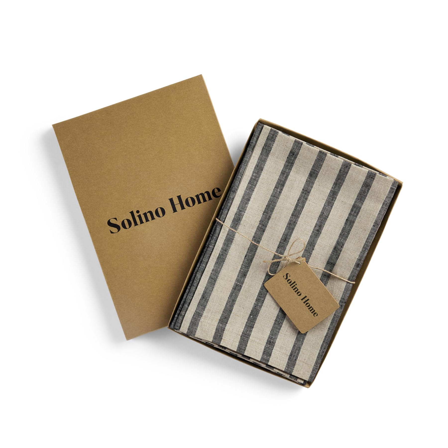 Solino Home Stripe Linen Dinner Napkins 20 X 20 Inch - 100% Pure Linen Black And Natural Cloth Napkins Set Of 4 - Madison Stripe