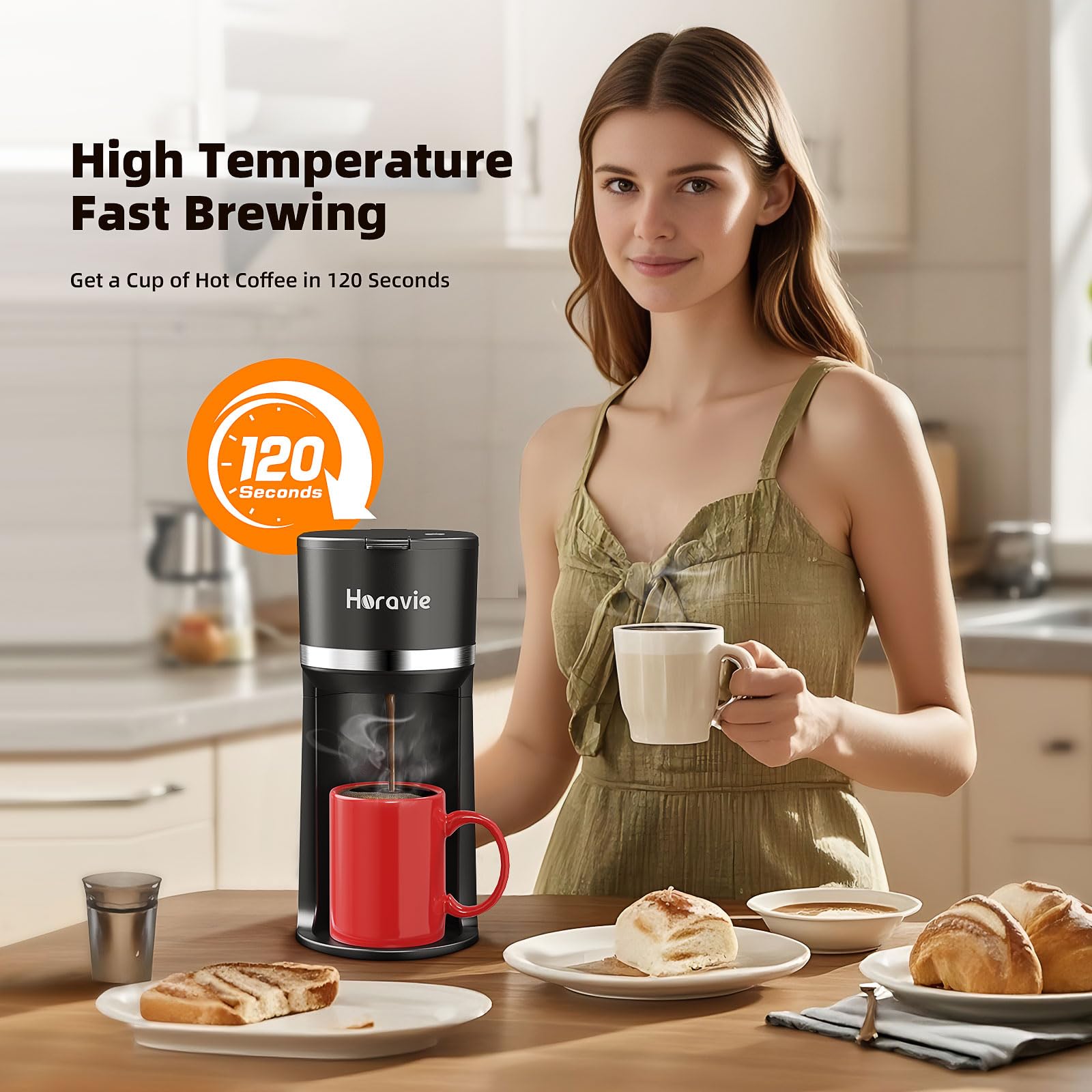 Horavie Mini Single Serve Coffee Maker, K1100, Fast Brew, 6-12 oz, Stainless Steel, Black, with Descaling Reminder and Water Window