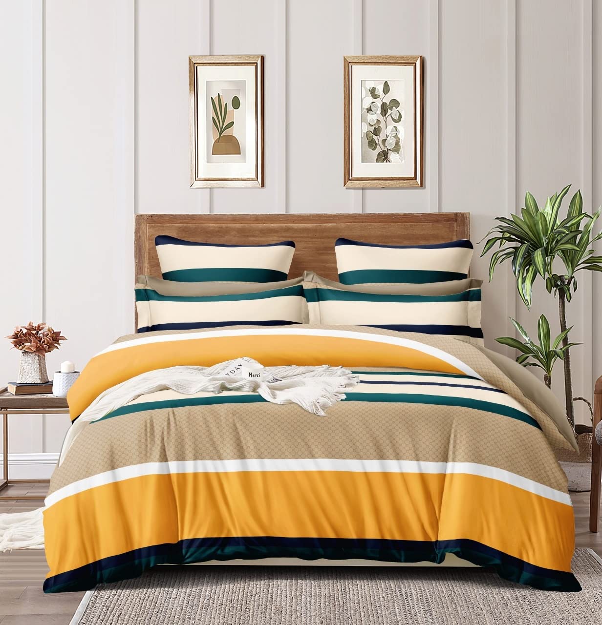 THE HOME STYLE Cotton Feel Glace Cotton Elastic Fitted Printed King Size Double Bed Bedsheet With 2 Pillow Cover 300 Threadcount
