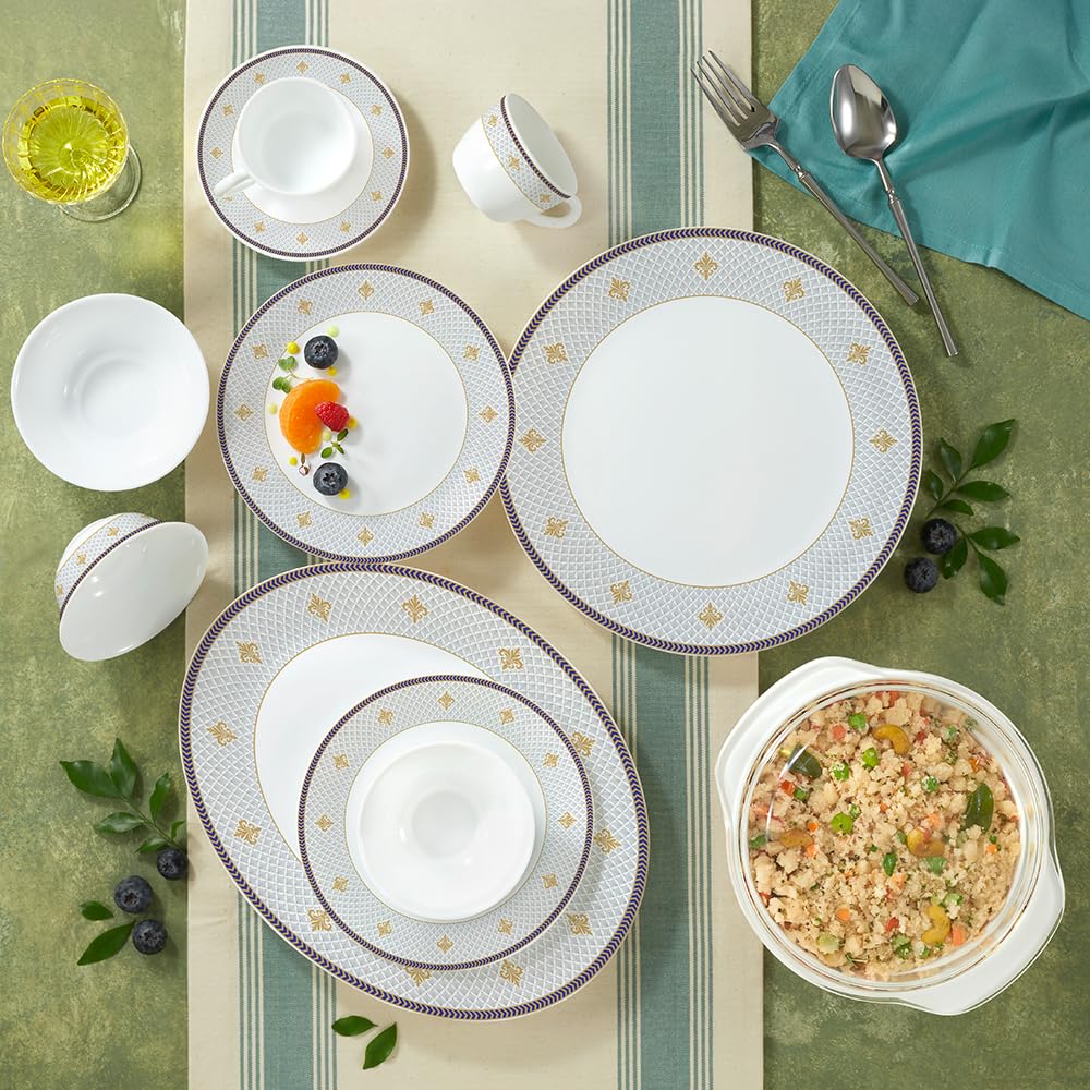 Larah By Borosil Regalia Grace Opalware Dinner Set | 61 Pcs For Family Of 8 | Microwave & Dishwasher Safe | Bone-Ash Free | Croc