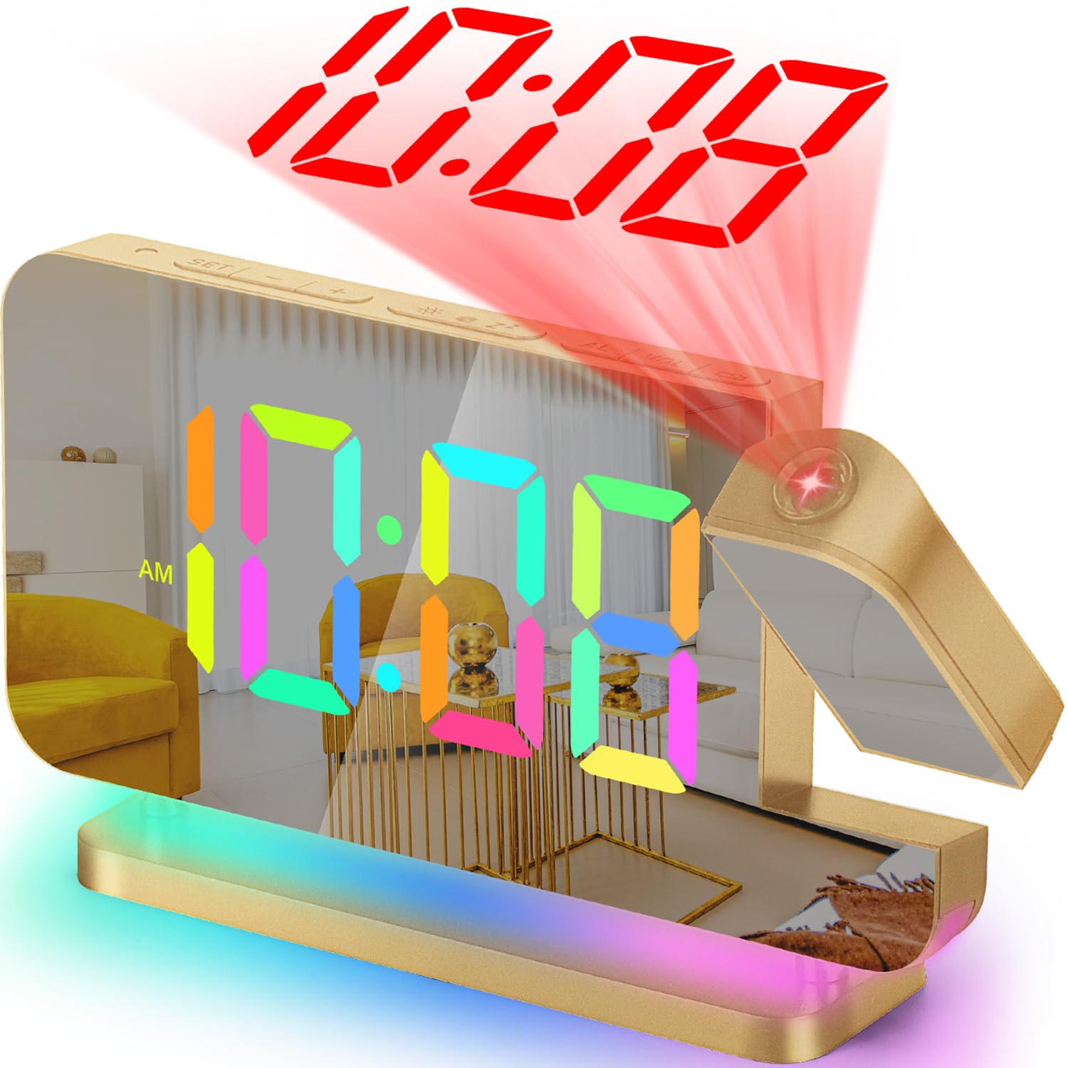 SZELAM Projection Alarm Clock,7.4 LED Mirror Digital Clocks Large Display,with 180 Rotatable Projector,RGB Night Light,USB C Por