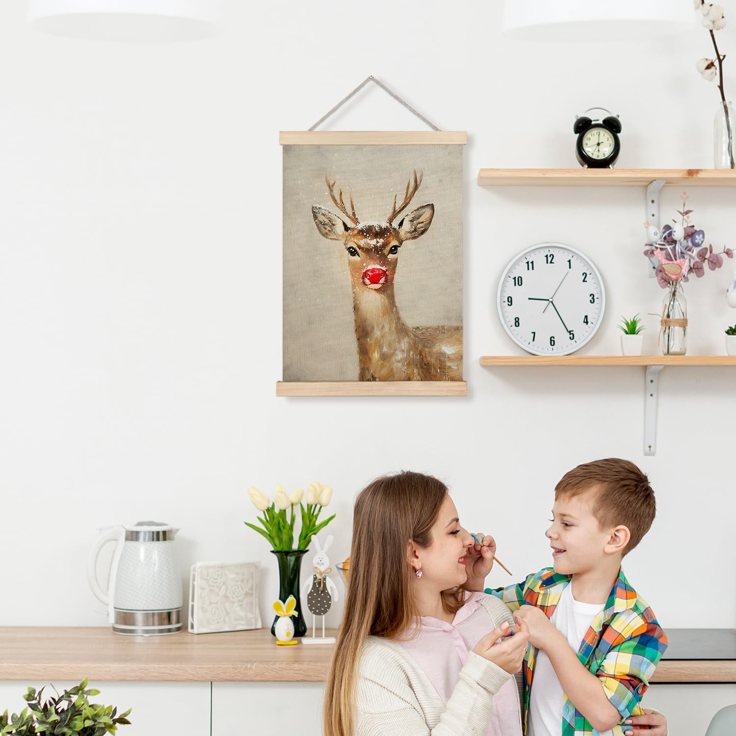 Luvadian Christmas Wall Decor, Winter Christmas Red Nose Reindeer Wall Art With Wooden Poster Hanger, Winter Wall Decor, Christm