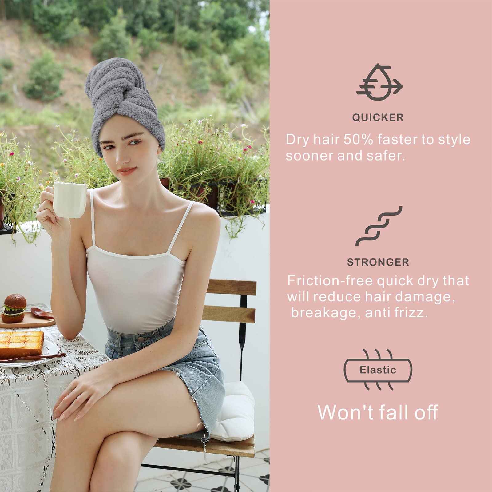 BYCOO Large Microfiber Hair Towel Wrap for Women, Anti Frizz Hair Drying Towel with Elastic Strap, Fast Dry | Super Absorbent |