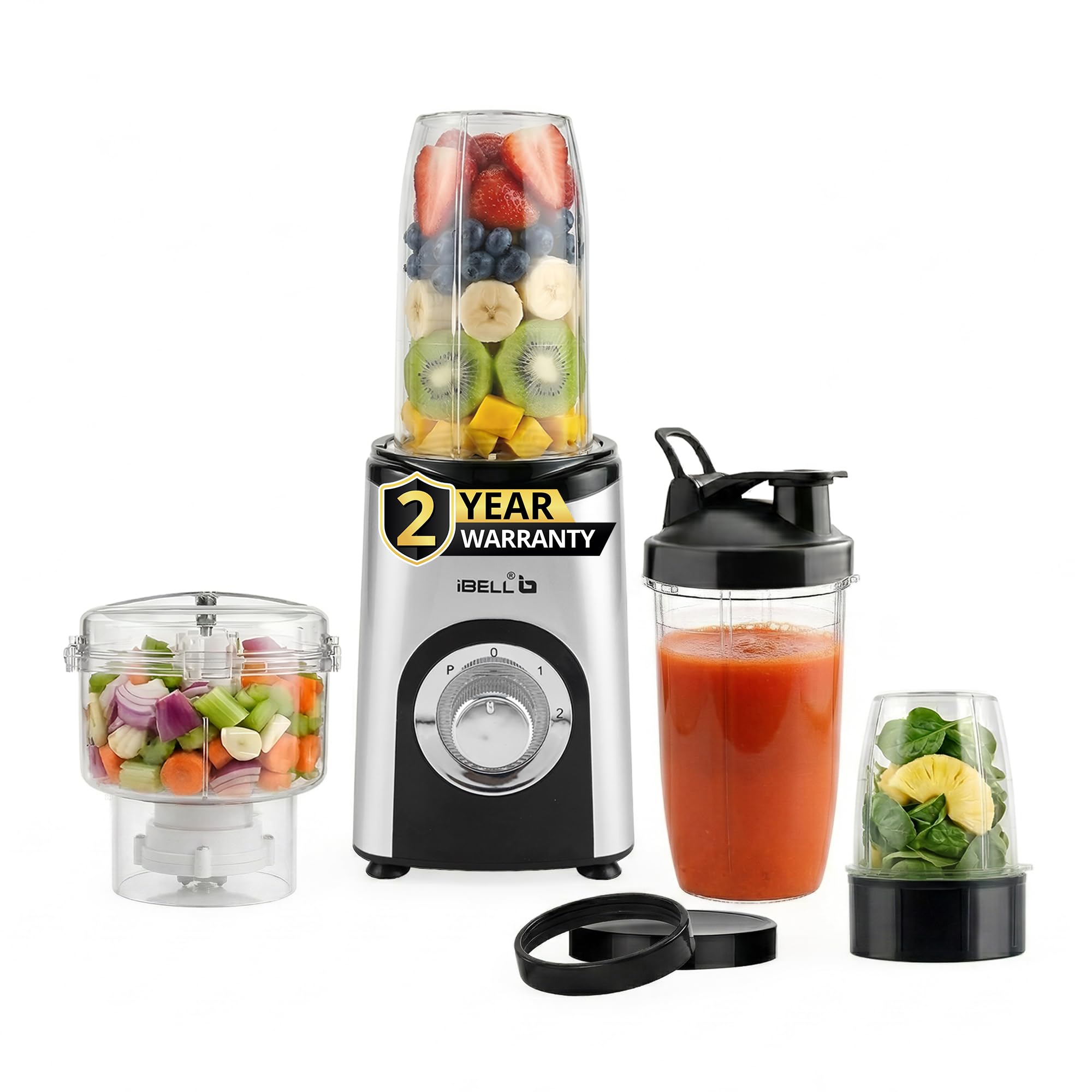 Ibell Juicer Mixer Grinder For Home, Smoothie Maker, 600W,2 Blades, 3 Modes, 3 Jars + Chopper, 100% Copper Motor, 24,000 Rpm, Nu