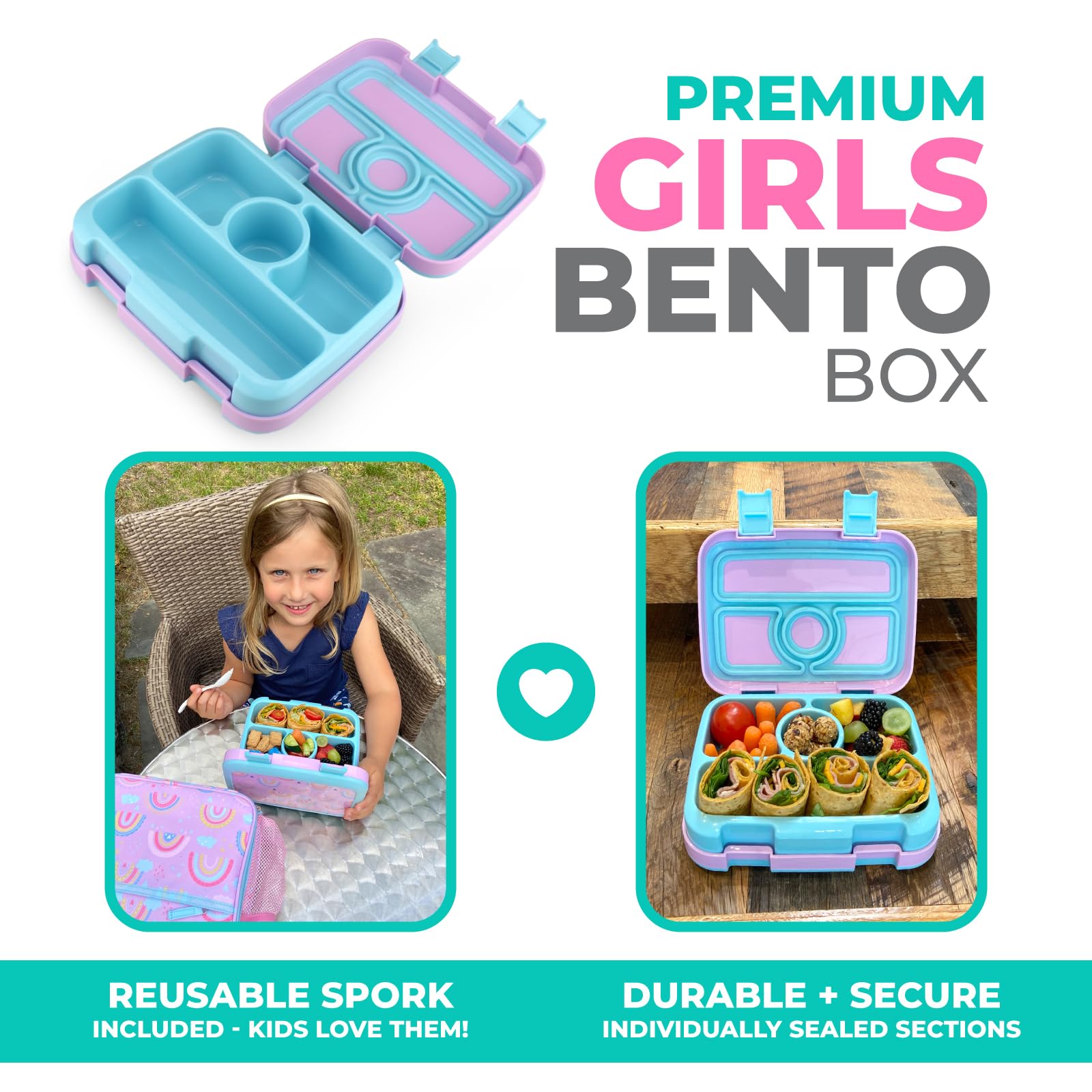 Kinsho Kids Bento Lunch Box, Reusable Meal And Snack Container, Lunch Boxes For Small Girls & Toddlers Lunches, 4 Compartment -