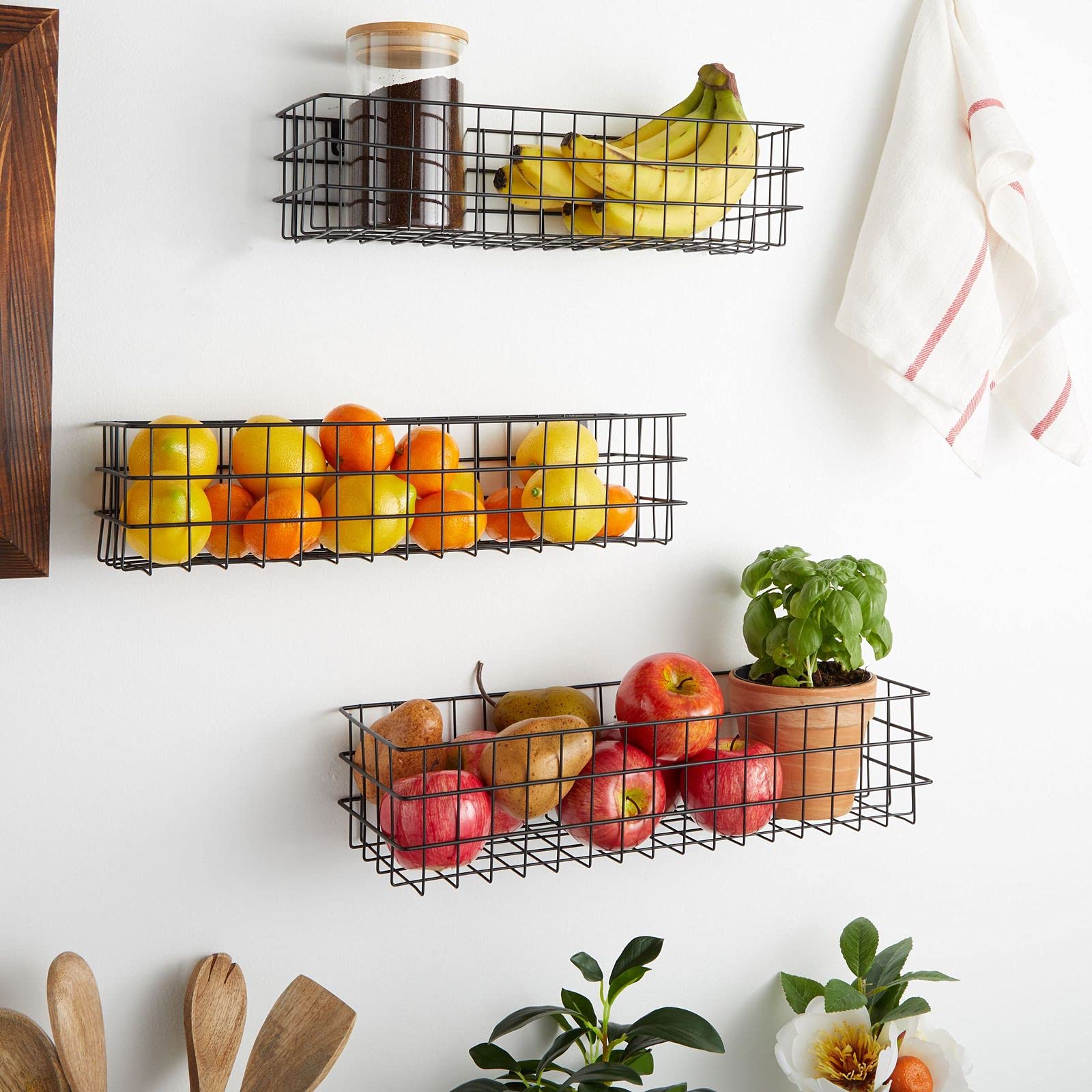 Black Wall Mounted Wire Baskets, Hanging Organizers For Kitchen Storage, Assorted Sizes (3 Pieces)
