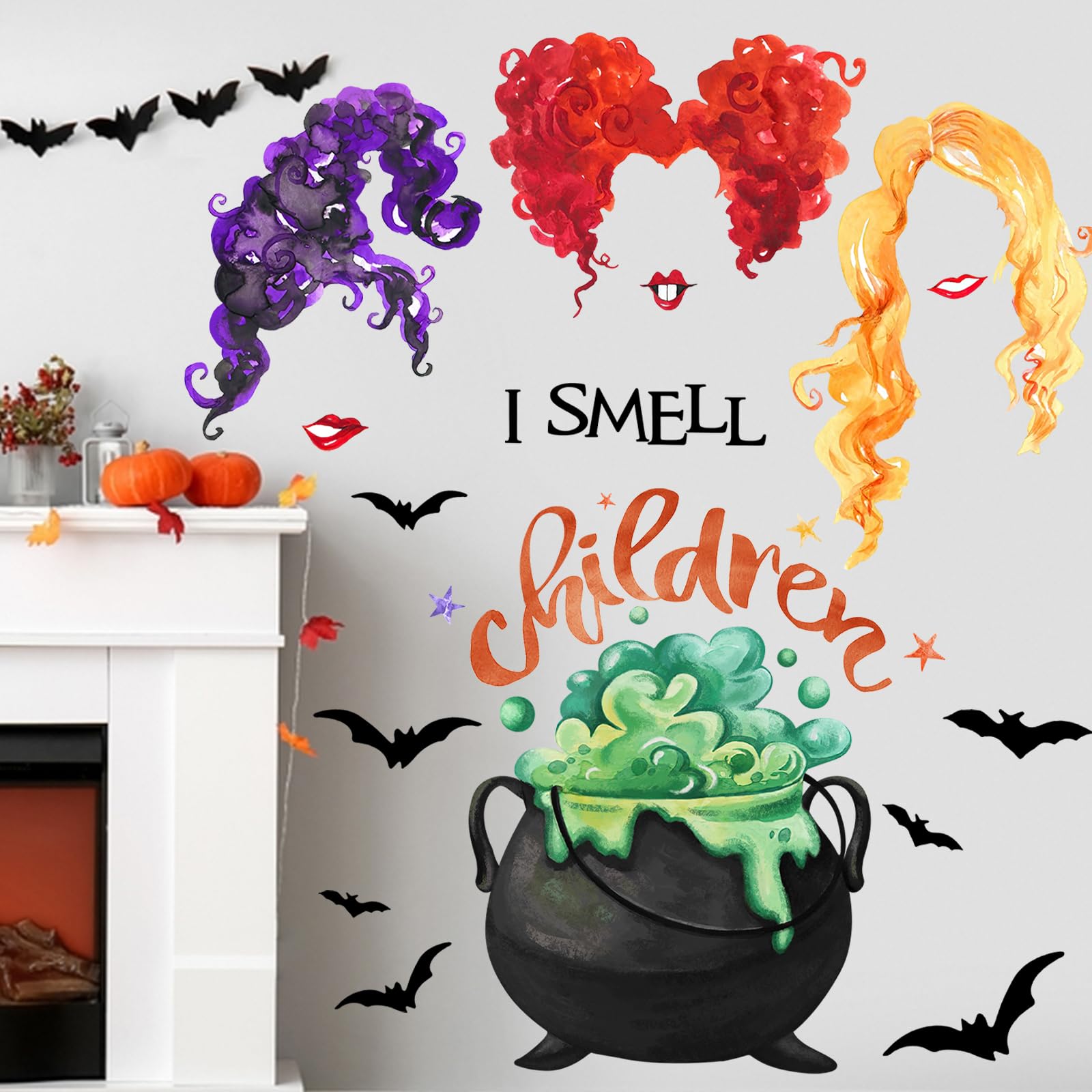 Mfault Halloween I Smell Children Wall Decals Stickers, Sanderson Sisters Witch Caldron Bat Decorations Bedroom Art, Hocus Pocus