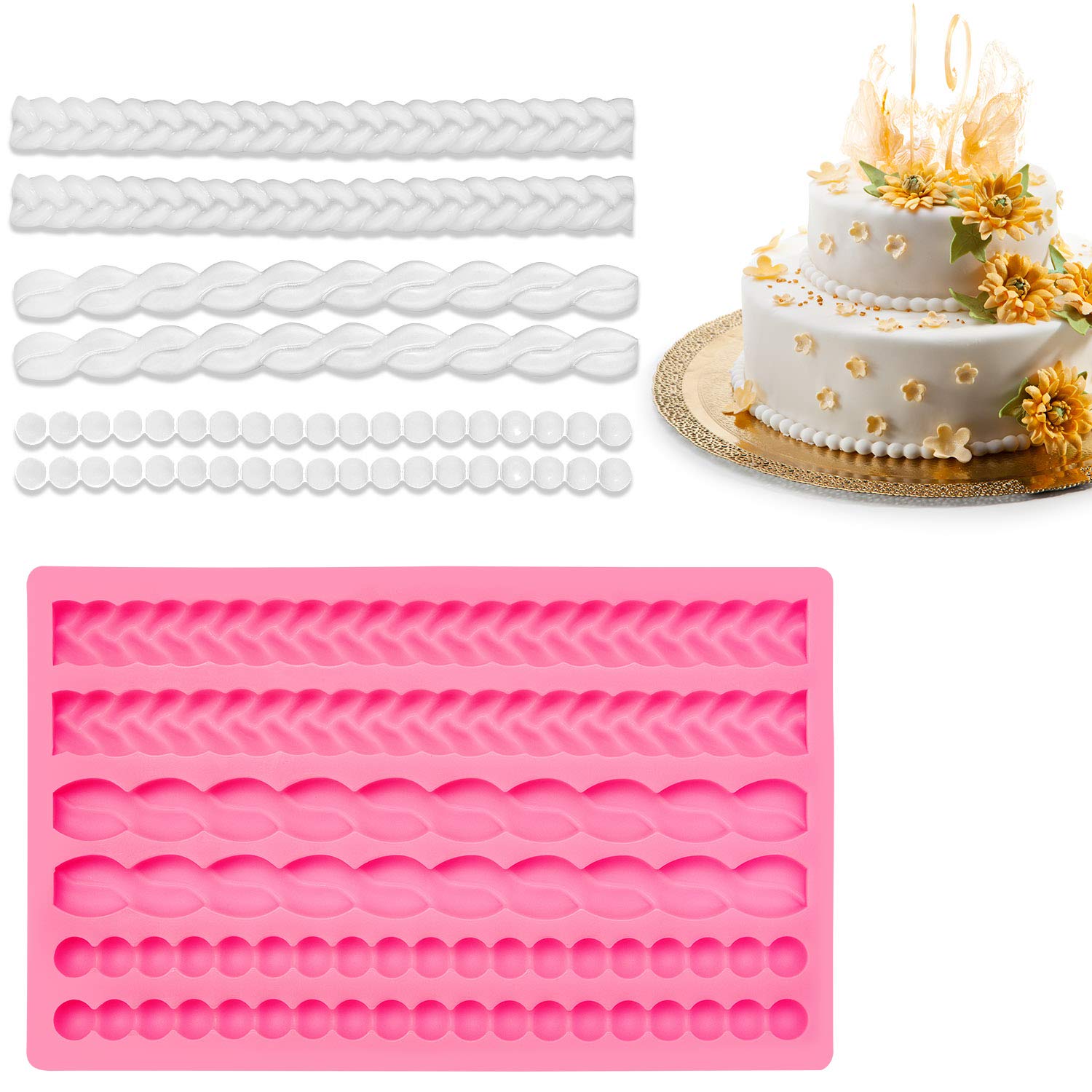 2 Pieces Rope Mold Pearl Fondant Mold Bubble Mold Fondant Silicone Molds Round Pearls Bubbles Moulds Cake Decoration Molds For K