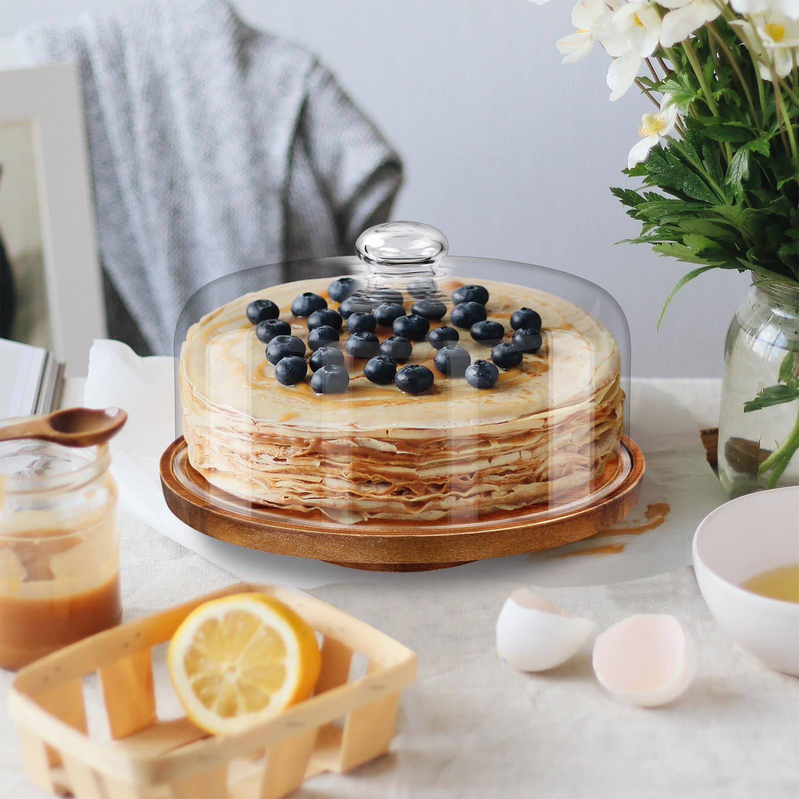 Yangbaga 11IN Wood Cake Stand with Dome Lid, Rotating Cake Stand with Glass Dome- Cake Plate with Cover for Baking Gifts/Birthda