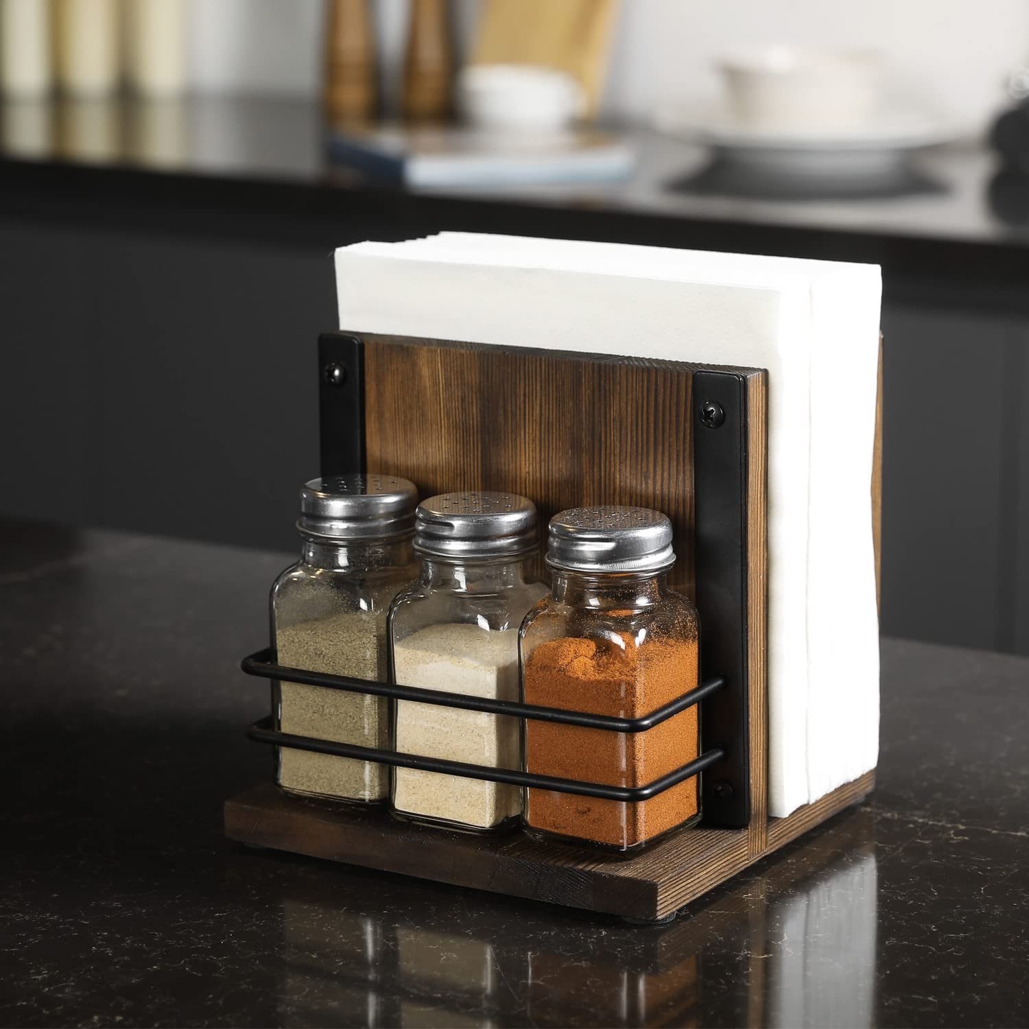 Mygift Rustic Burnt Solid Wood Napkin Holder And Salt & Pepper Caddy, 4 Piece Set Dining Tabletop Napkin Dispenser With Condimen