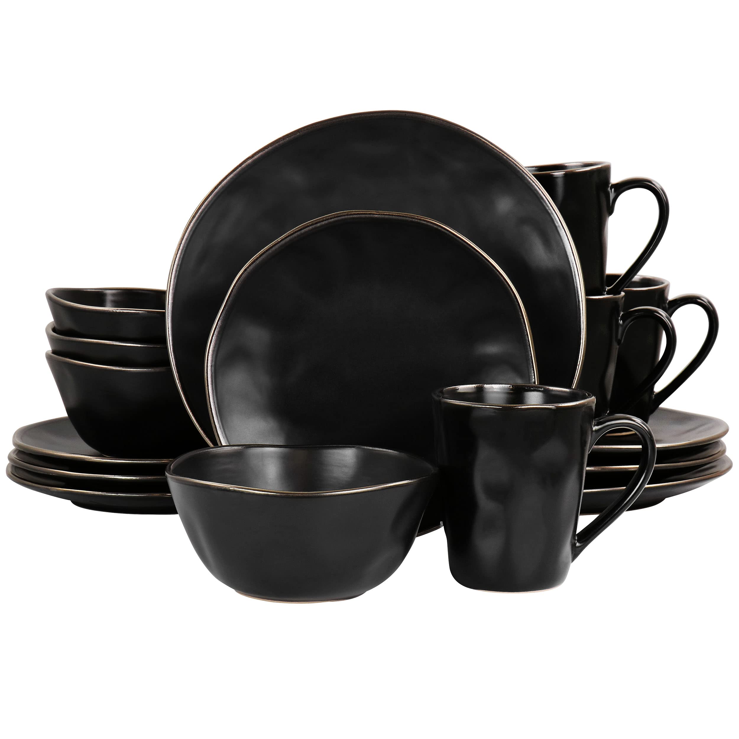 Elama Modern 16 Piece Stoneware Dinnerware Set in Matte Black with Gold Rim (ELM-MATTE)