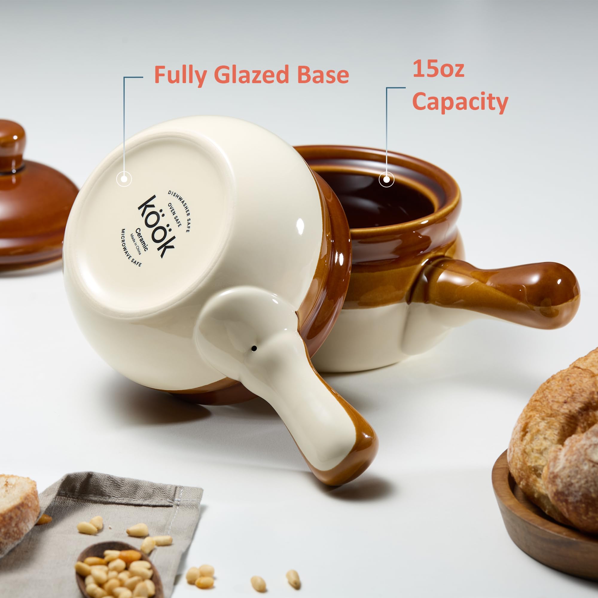 Kook French Onion Soup Crocks With Lids, Ceramic Bowls, Large Handles, Dishwasher, Microwave, Oven & Broil Safe, Brown/White, Se