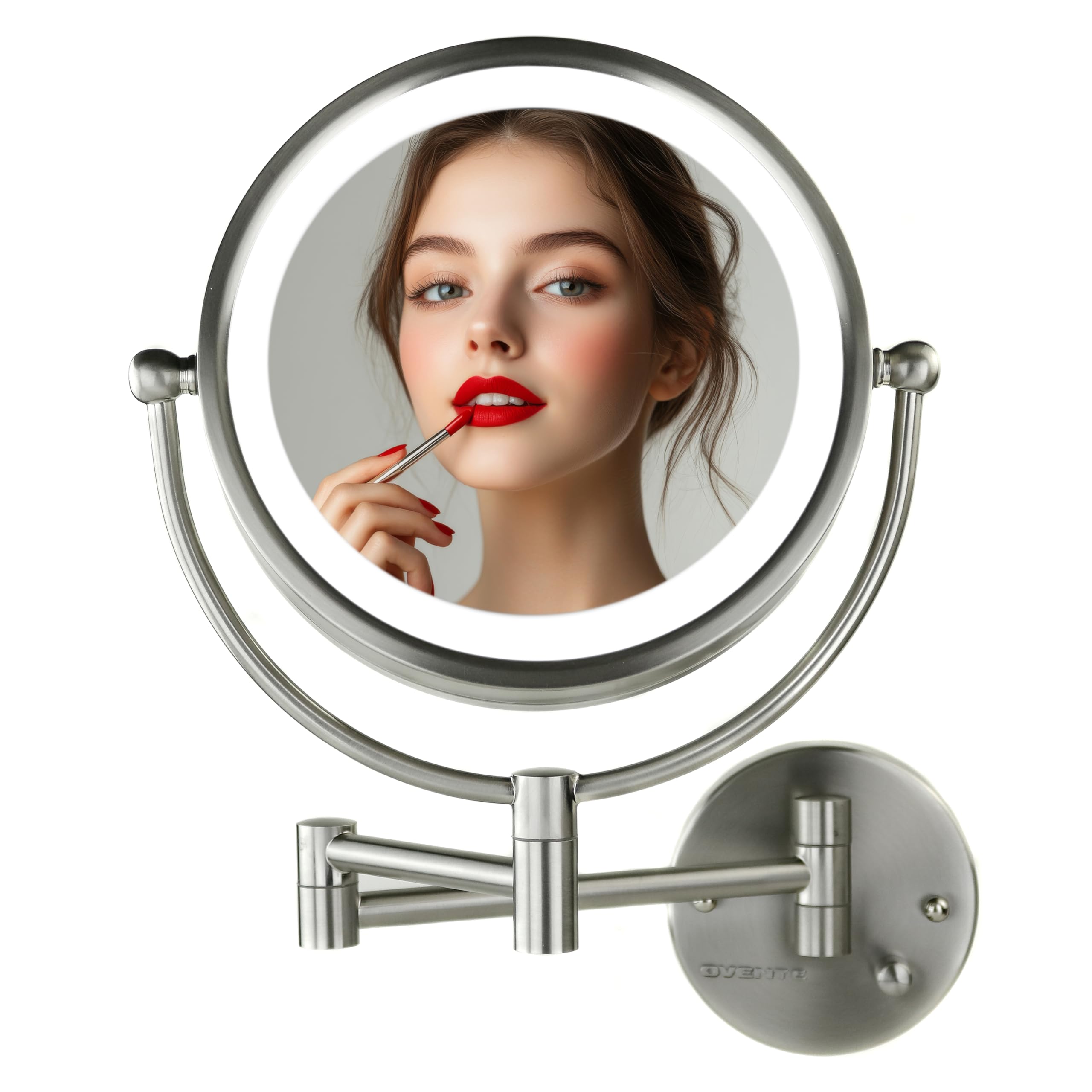 OVENTE 8.5'' Hardwired Lighted Wall Mount Makeup Mirror  1X & 7X Magnifier  Spinning Double Sided Round White LED  Dimmer Switch  Extend & Fold  Retractable Arm  Nickel Brushed MPWD3185BR1X7X