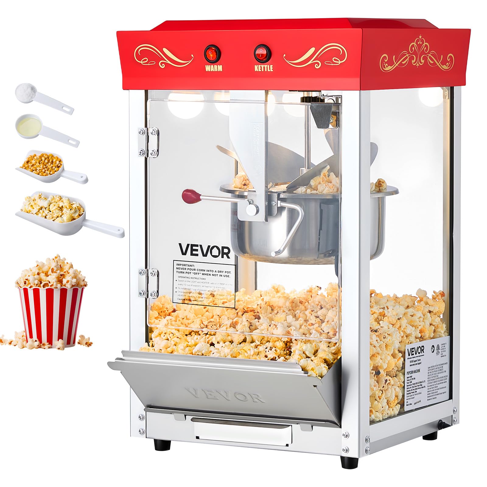 VEVOR Popcorn Machine, 8oz Stainless Steel Kettle, 800W Commercial Countertop Popcorn Maker, 48 Cups per Batch Theater Style Pop