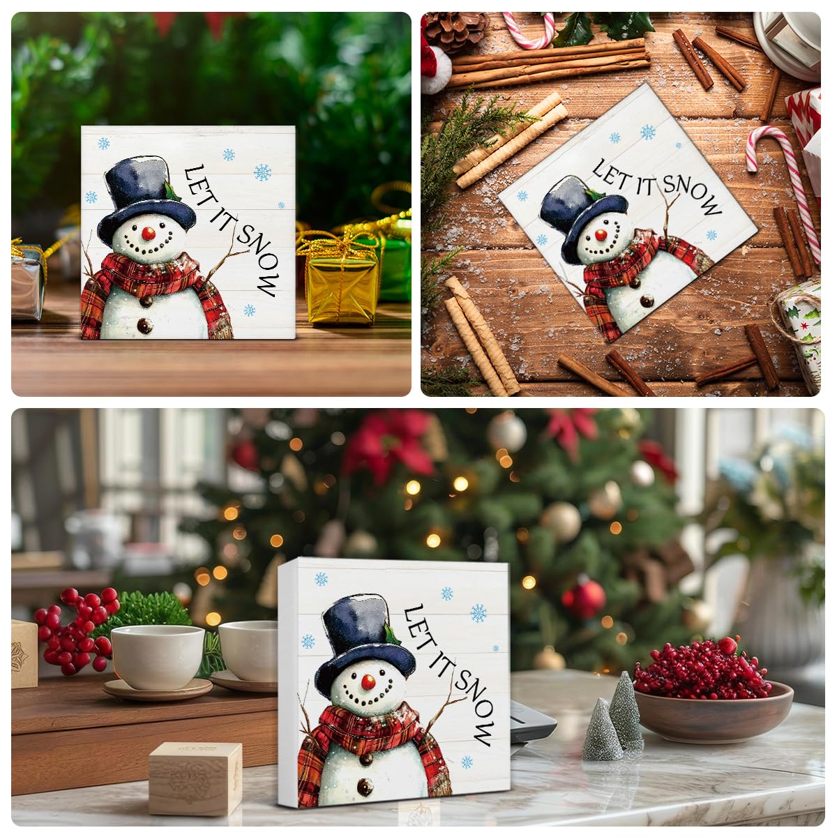 Christmas Sign Decor, Holiday Christmas Decorations, Let It Snow Wooden Sign Rustic Home Shelf Desk Decor 5 x 5 Inches