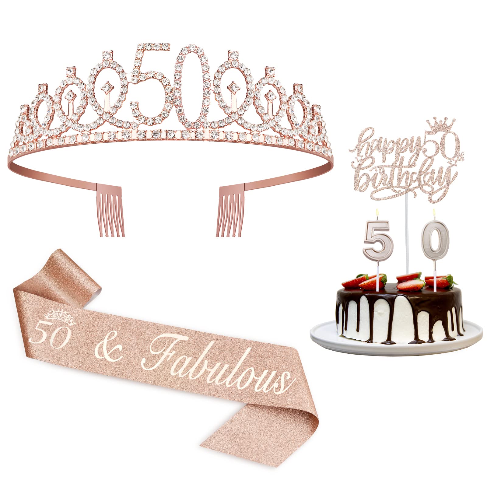 50Th Birthday Gifts For Women, Including 50Th Birthday Crown/Tiara, Sash, Cake Topper And Candles, 50Th Birthday Decorations Wom