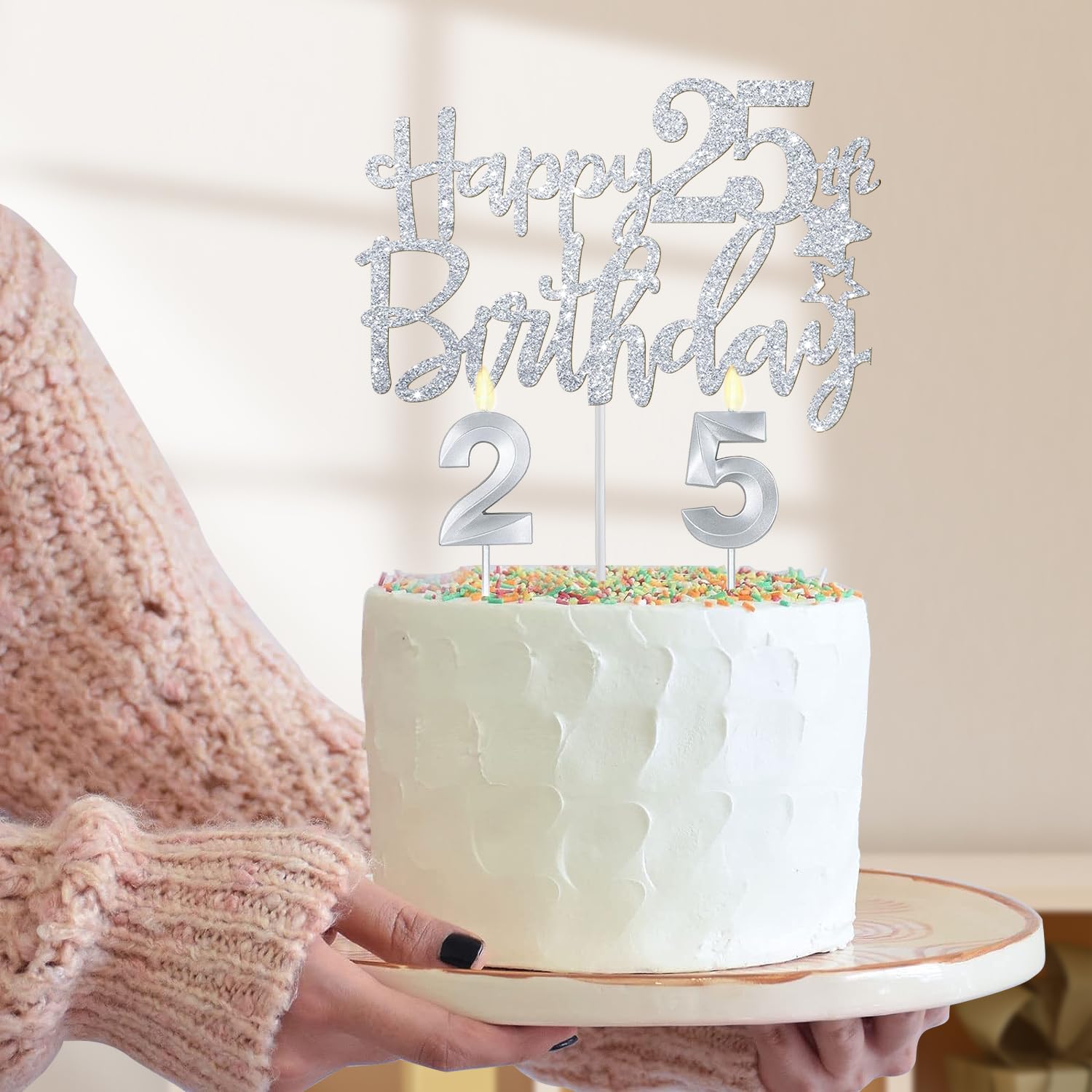25th Birthday Decorations for Women Silver with 25th Birthday Sash and Crown, Cake Topper and Candles, Number Balloons, 25 Year